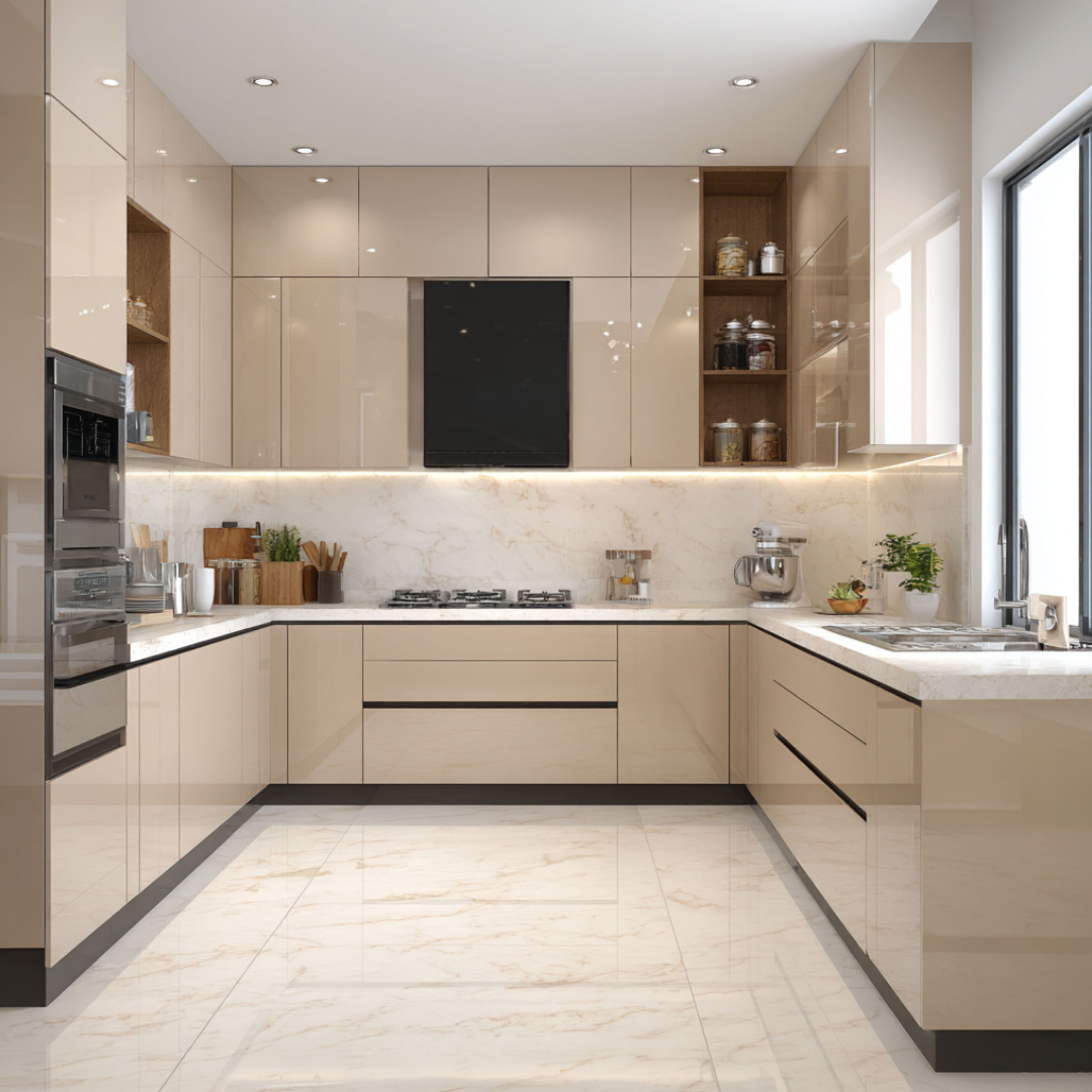 Glossy Cream and Walnut U-Shaped Kitchen Design with Quartz Counter
