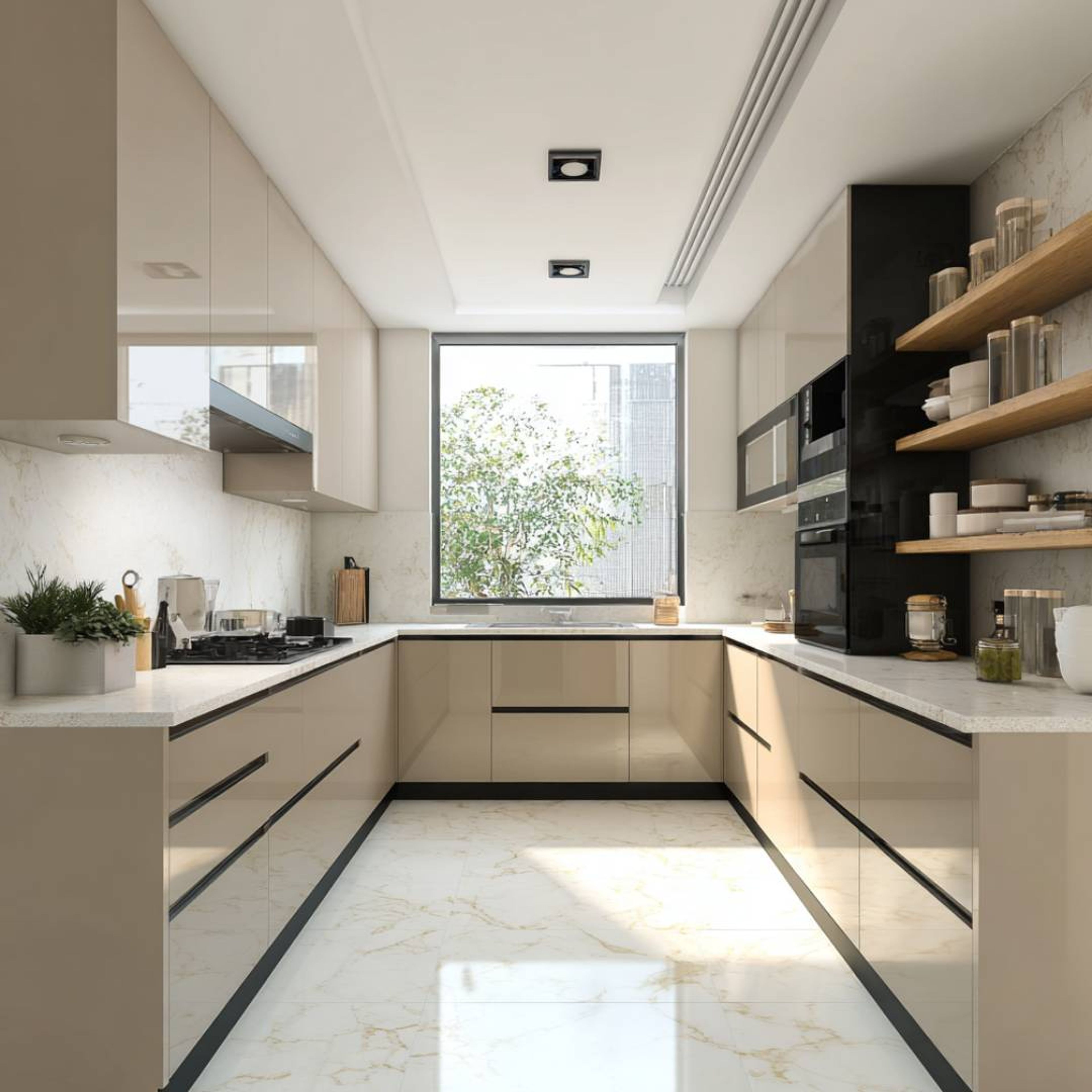 Modern U-Shaped Kitchen Design with Ivory Cabinets and Open Shelves