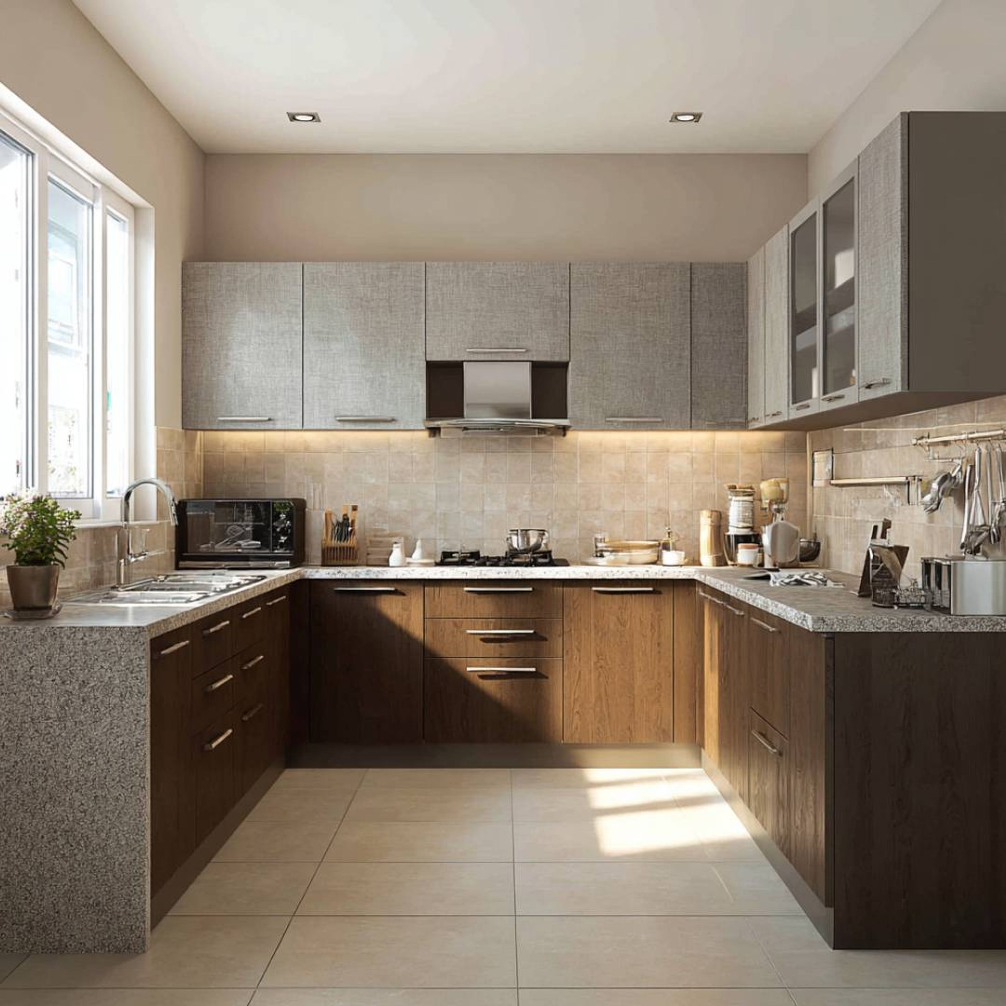 Contemporary U-Shaped Kitchen Design with Wood Cabinets and Quartz Top