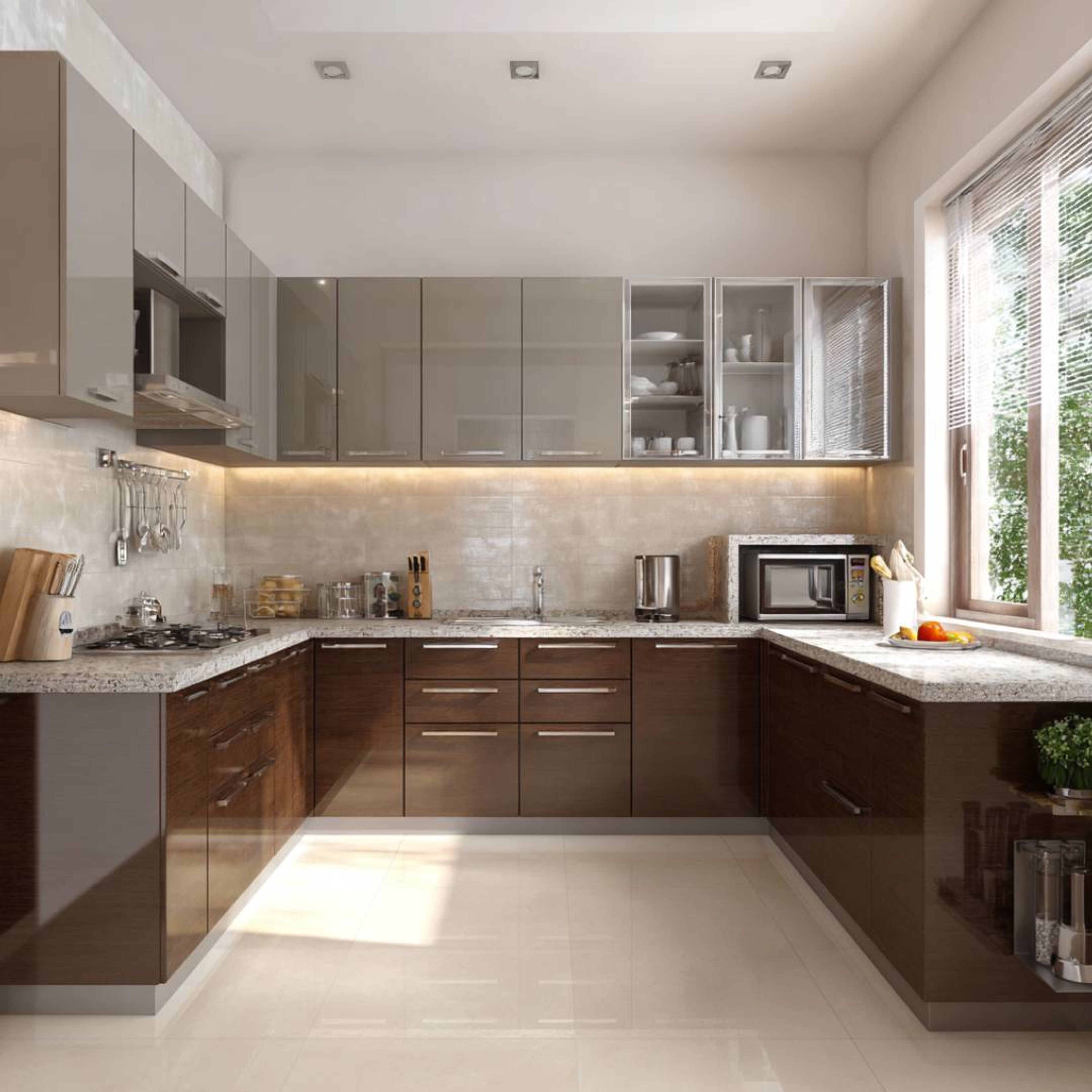 Contemporary U-Shaped Kitchen Design with Dual Tone Cabinets and Quartz Top