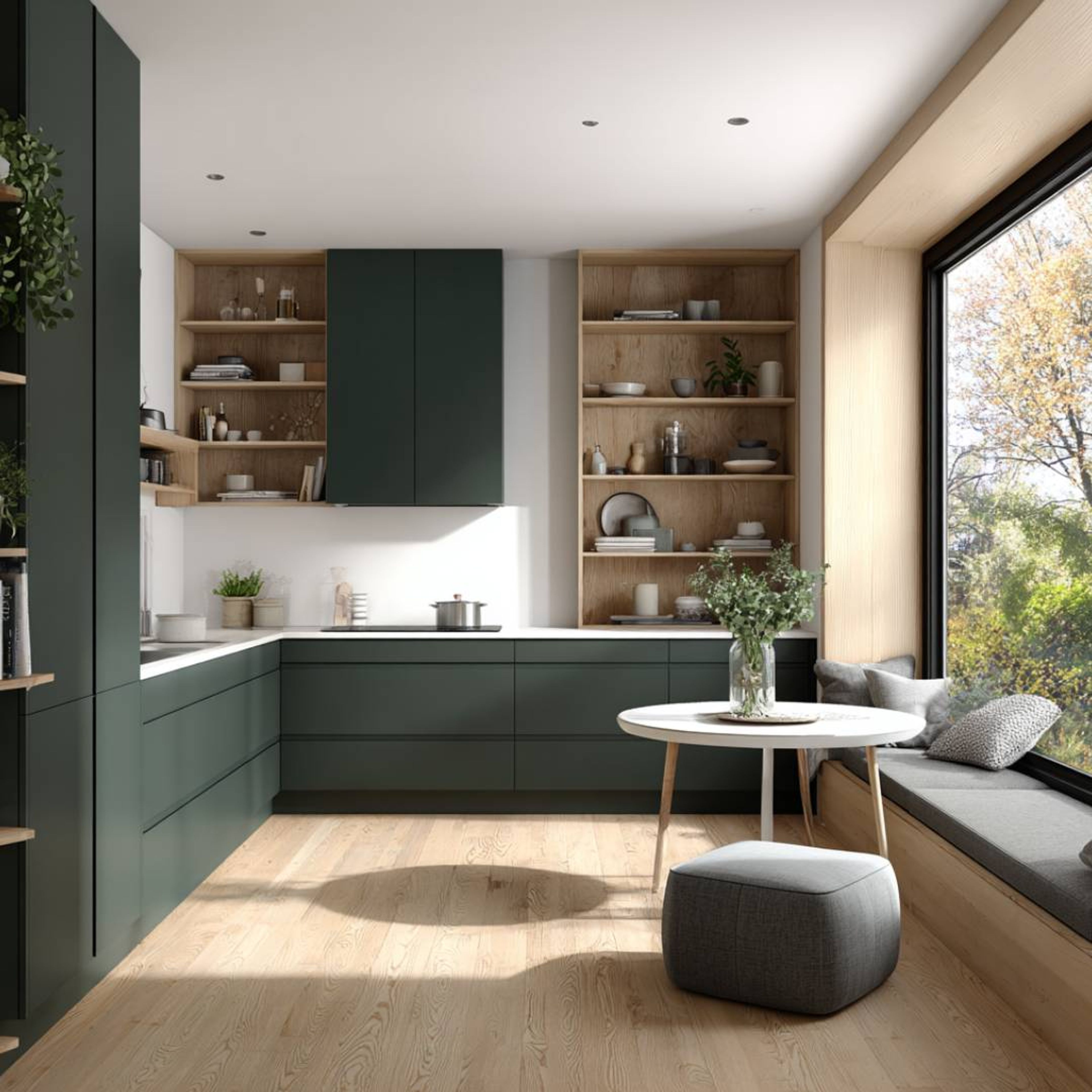 Dark Green and Walnut Modern L-Shaped Kitchen Design with Open Shelving