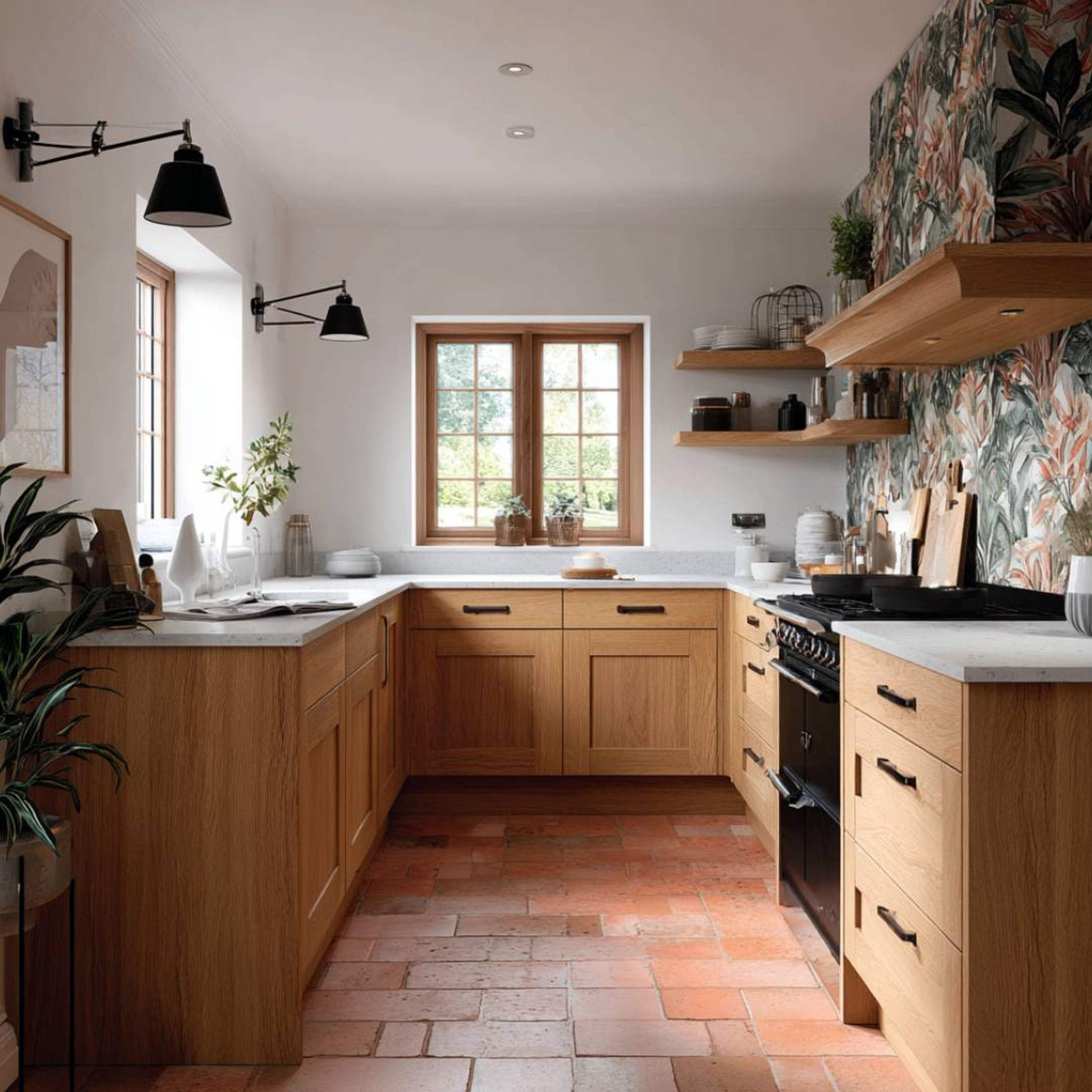 Classic Oak U-Shaped Kitchen Design with Granite Countertop and Open Shelving