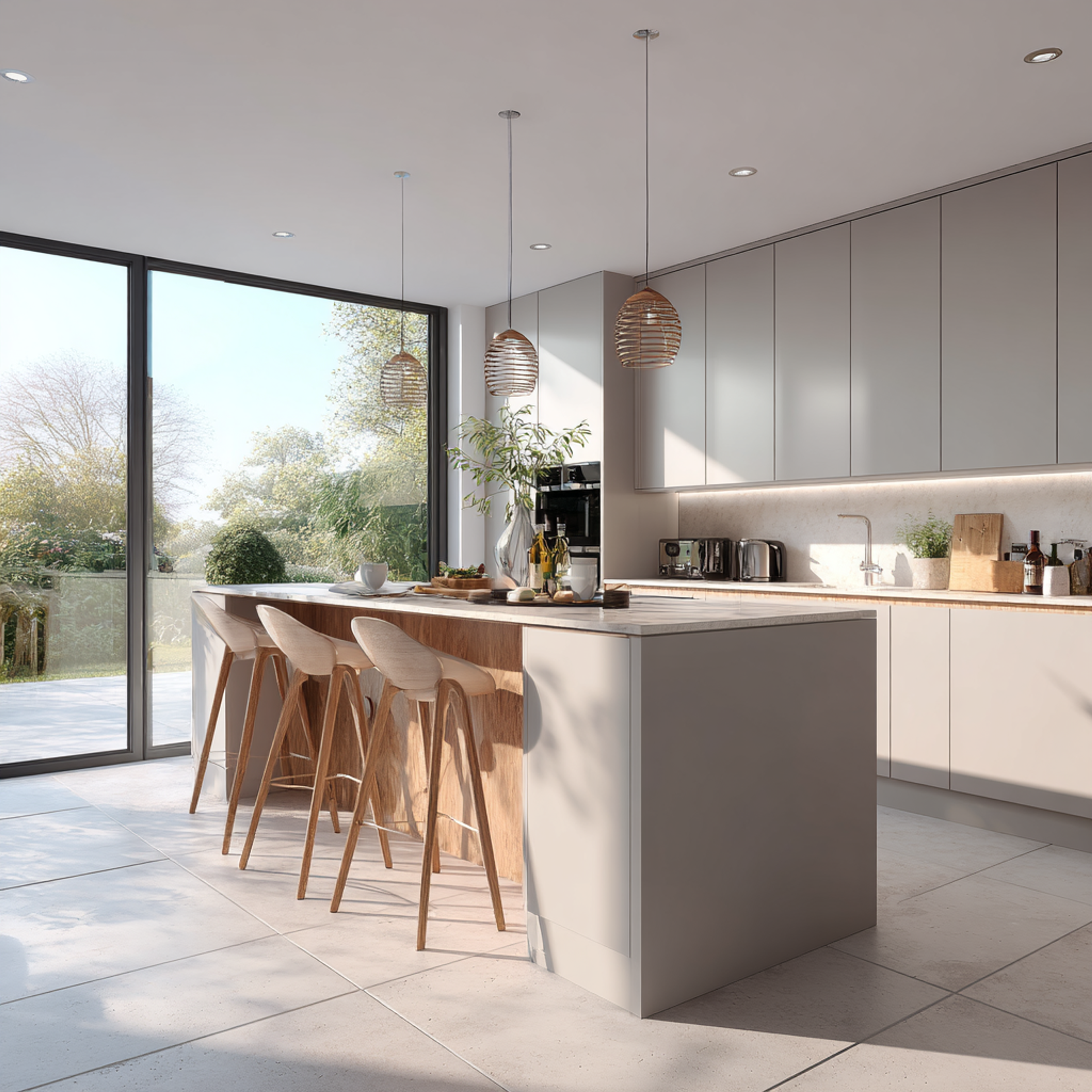 Modern Island Kitchen Design with Cream Cabinets and Quartz Top