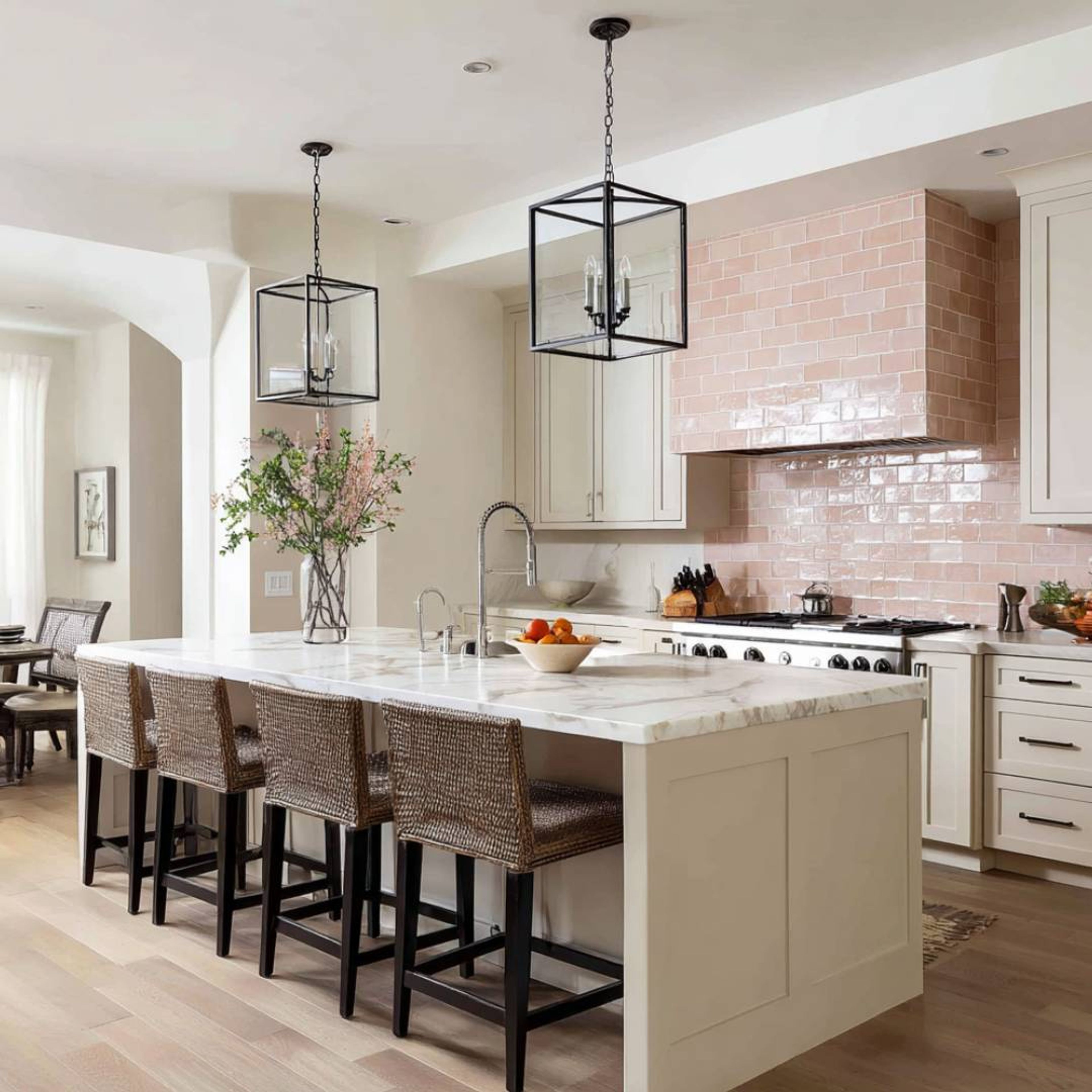 Classic White Island Kitchen Design with Quartz Countertop and Marble Top Table