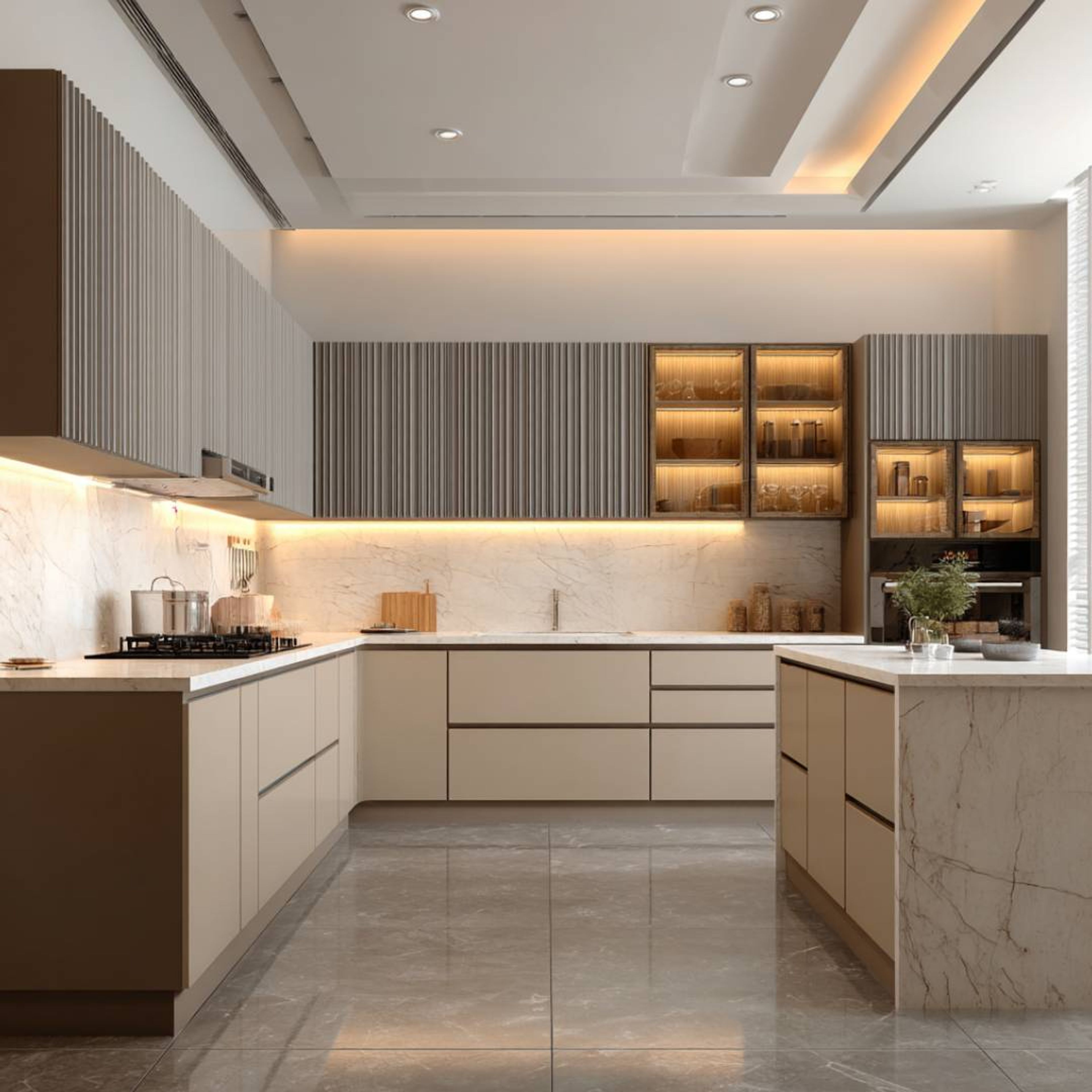 Contemporary Island  Kitchen Design with Illuminated Ivory Cabinets and Quartz Countertop
