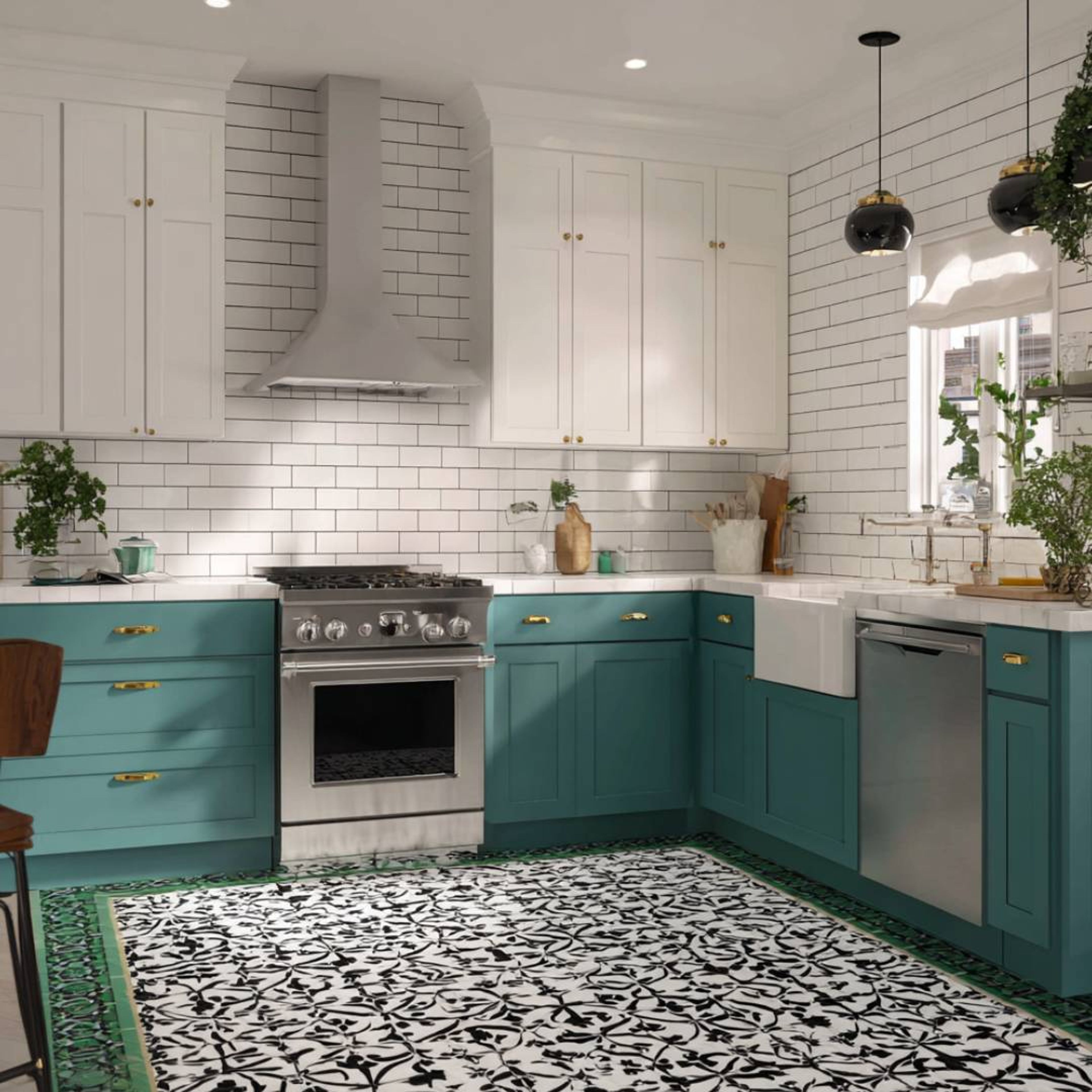 Classic L-Shaped Kitchen Design with Teal Cabinets and White Backsplash