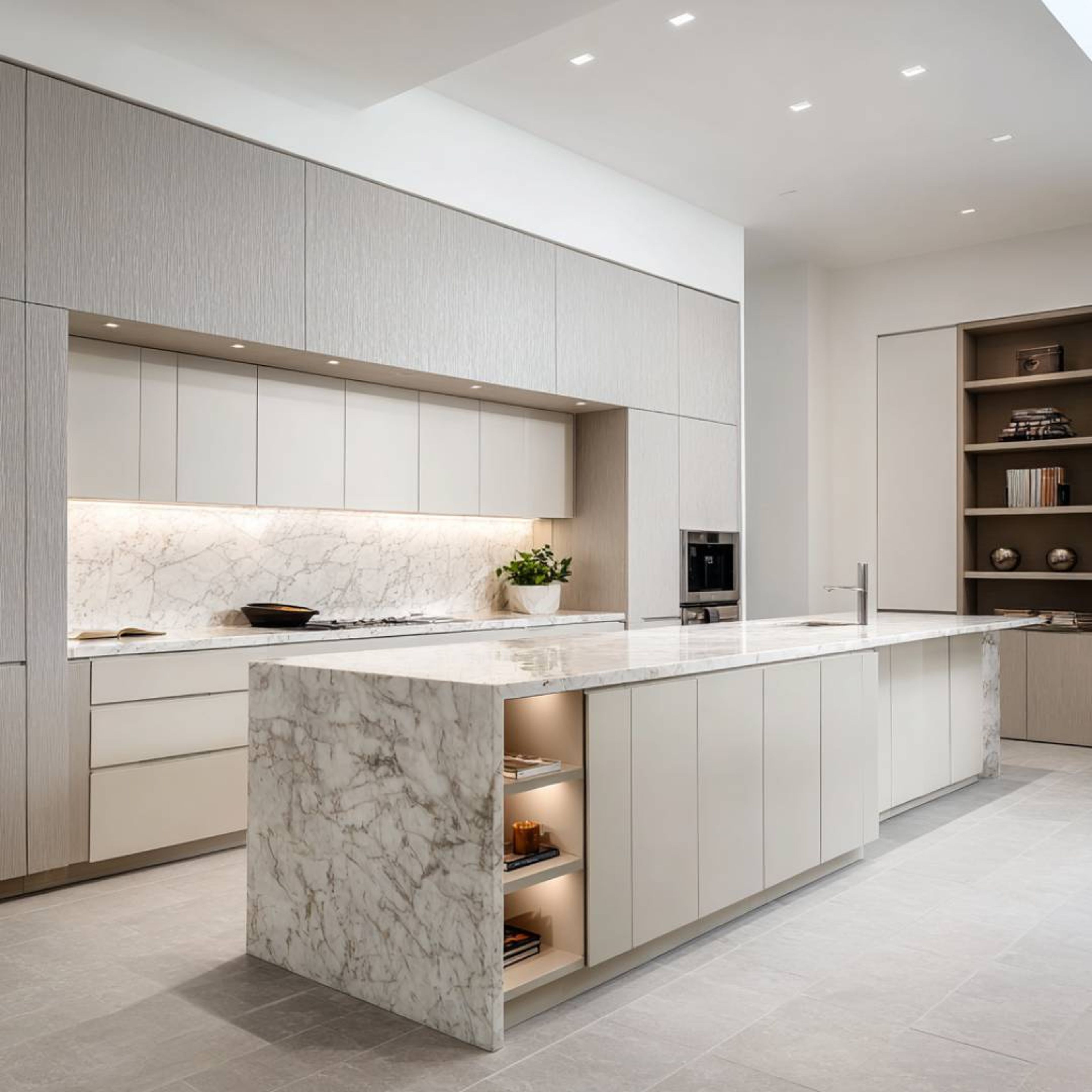 Steel and Champagne Modern Island Kitchen Design with Illuminated Island and Shelves