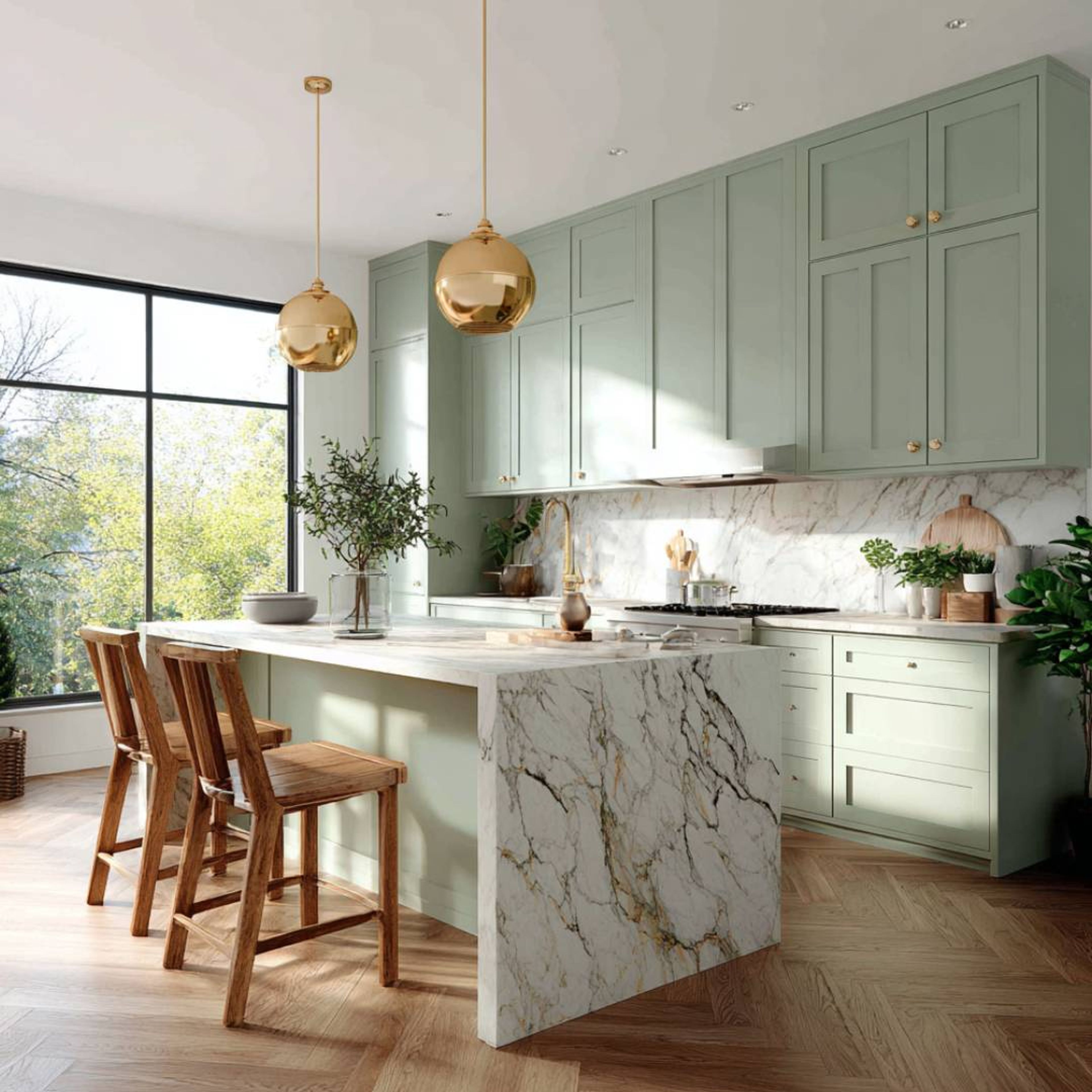 Modern Sage Green Island Kitchen Design with Marble Island and Quartz Top