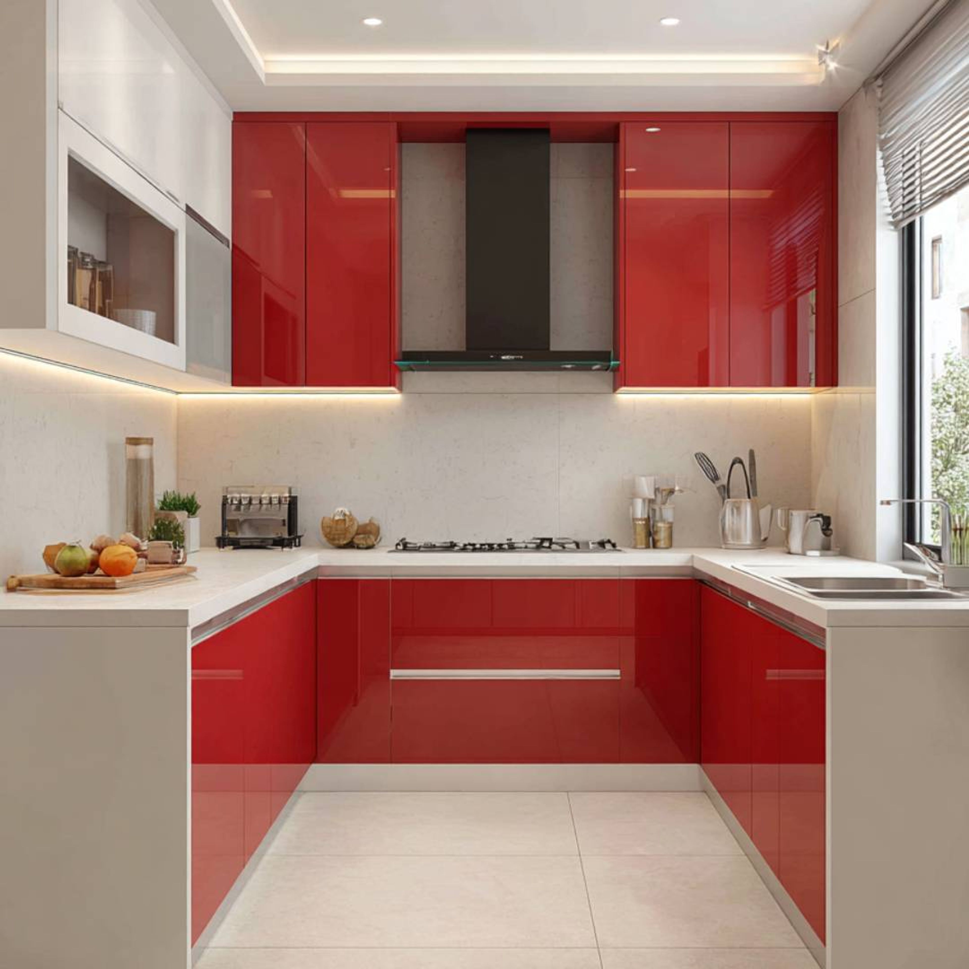 Contemporary U-Shaped Kitchen Design with Red and White Glossy Cabinets