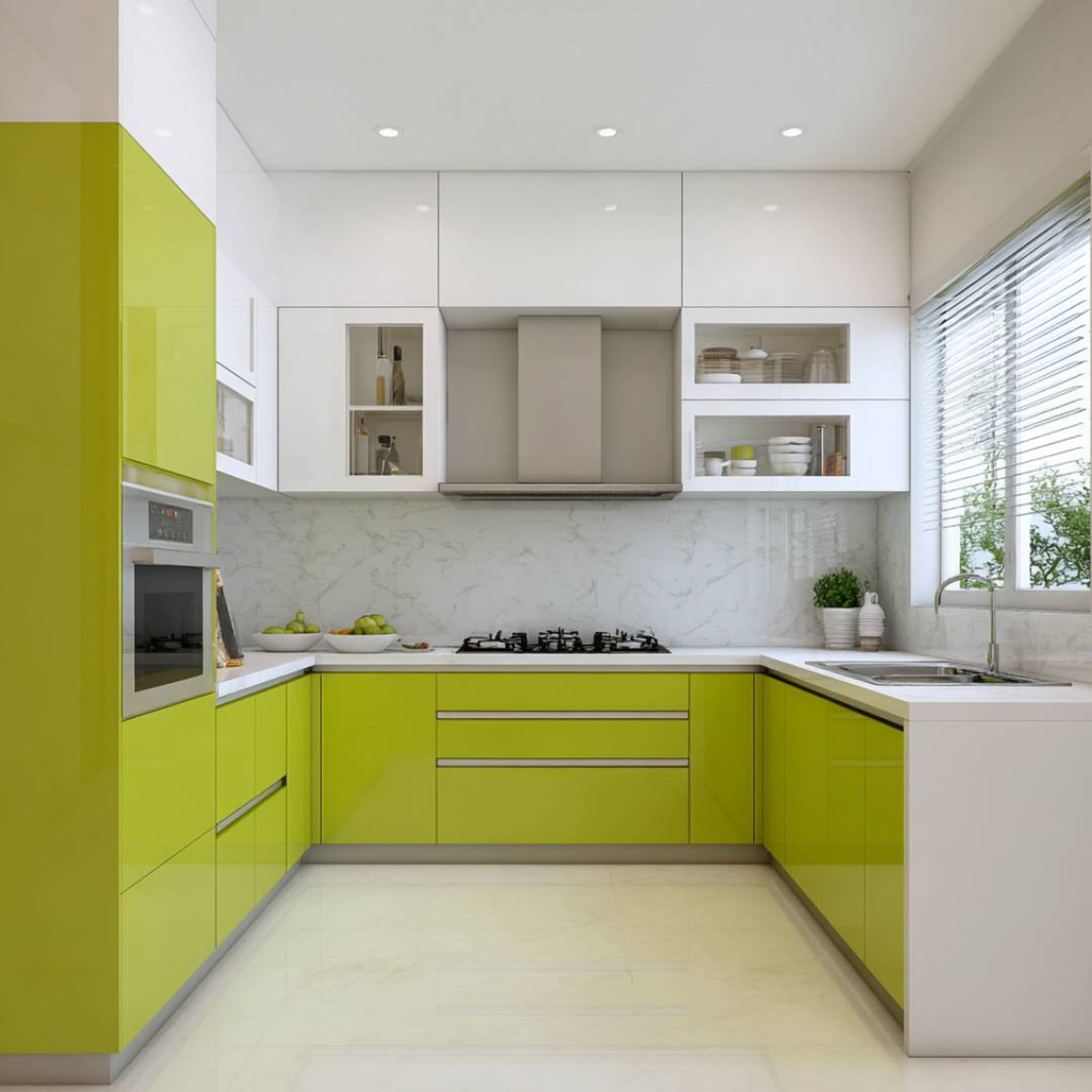 Modern U-Shaped Kitchen Design with Lime and White Units and Marble Backsplash