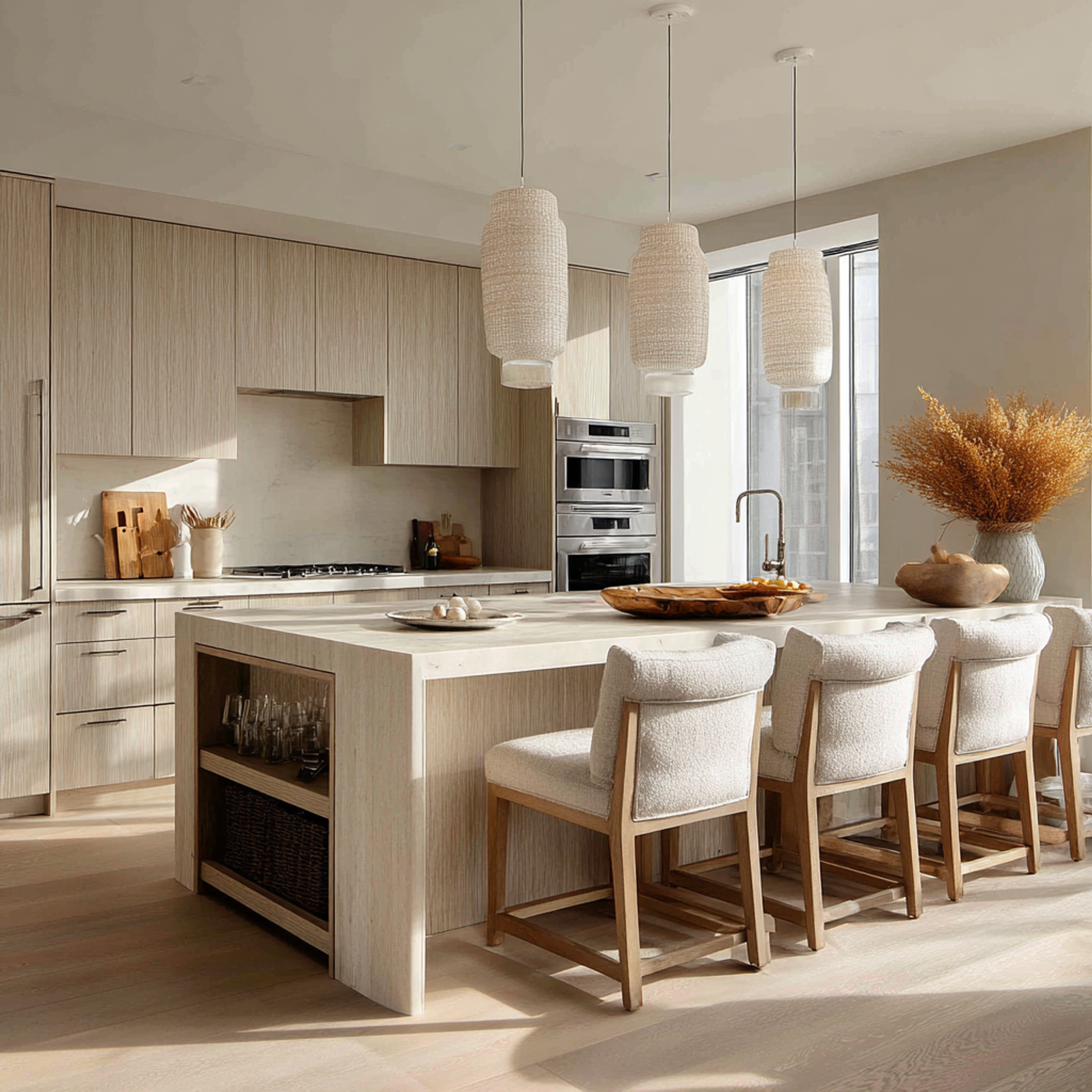 Modern Island Kitchen Design in Walnut Suede Finish and Quartz Countertop