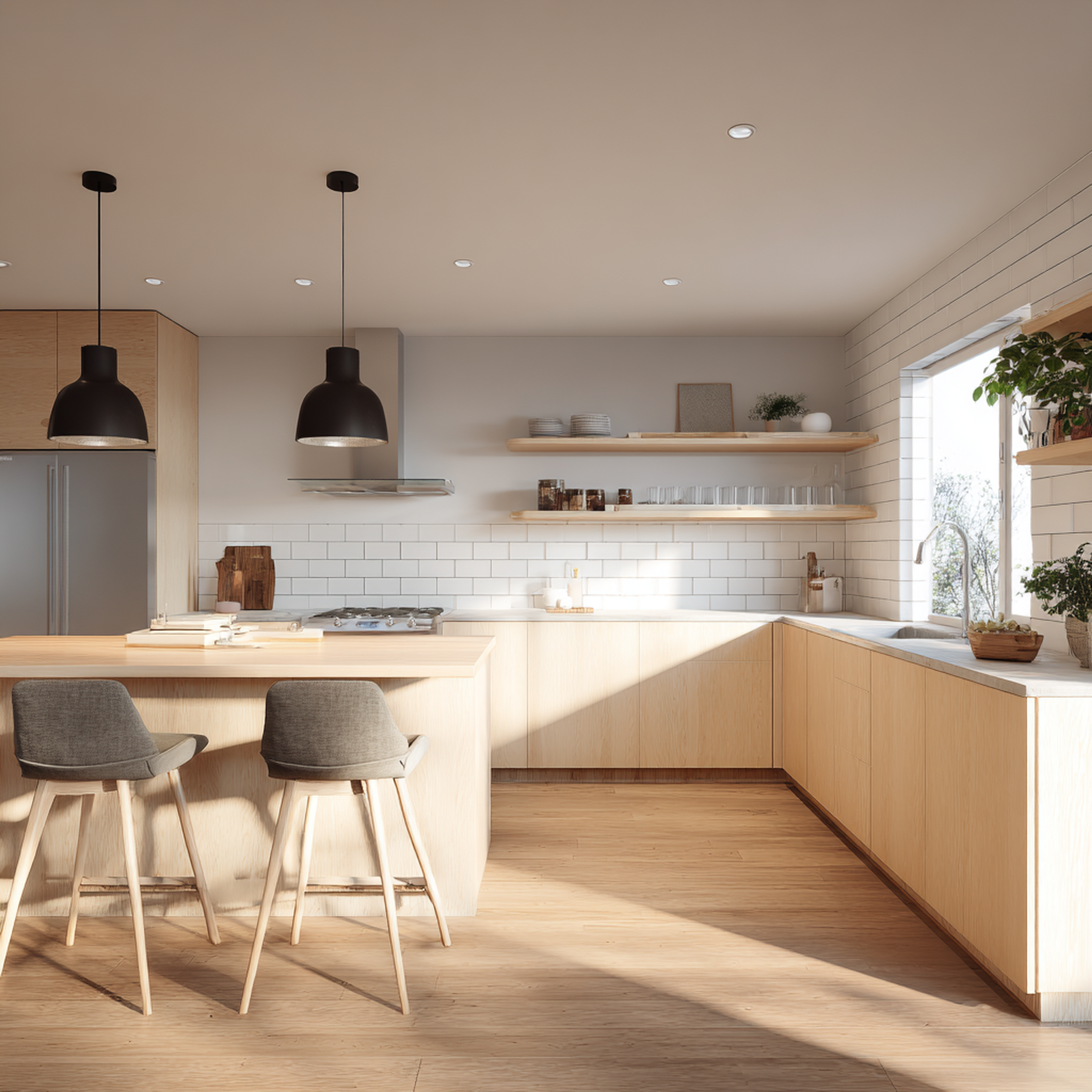 Modern Island Kitchen Design with Walnut and White Tiles and Quartz Top