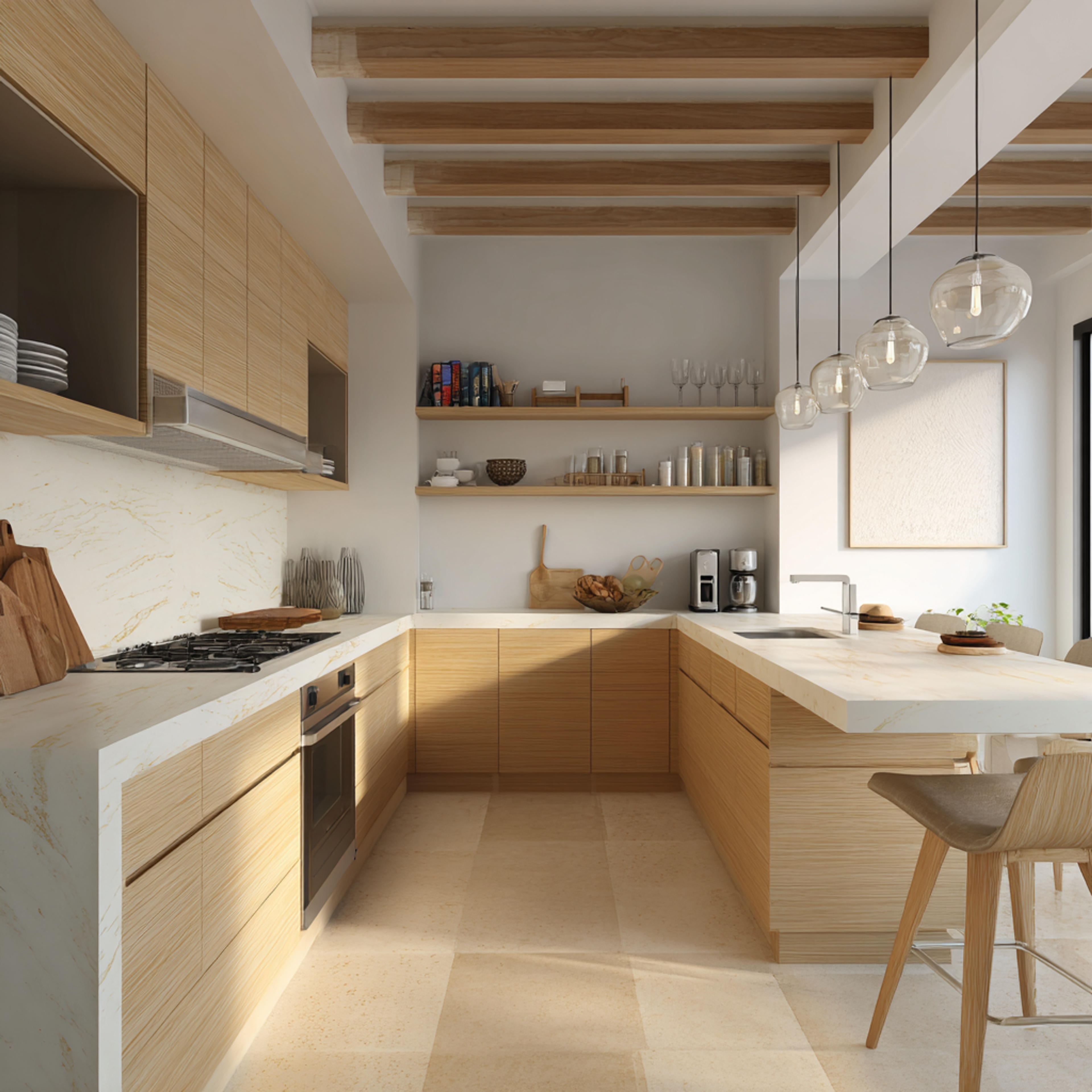 Modern U Shaped Kitchen Design with Island and Open Shelving