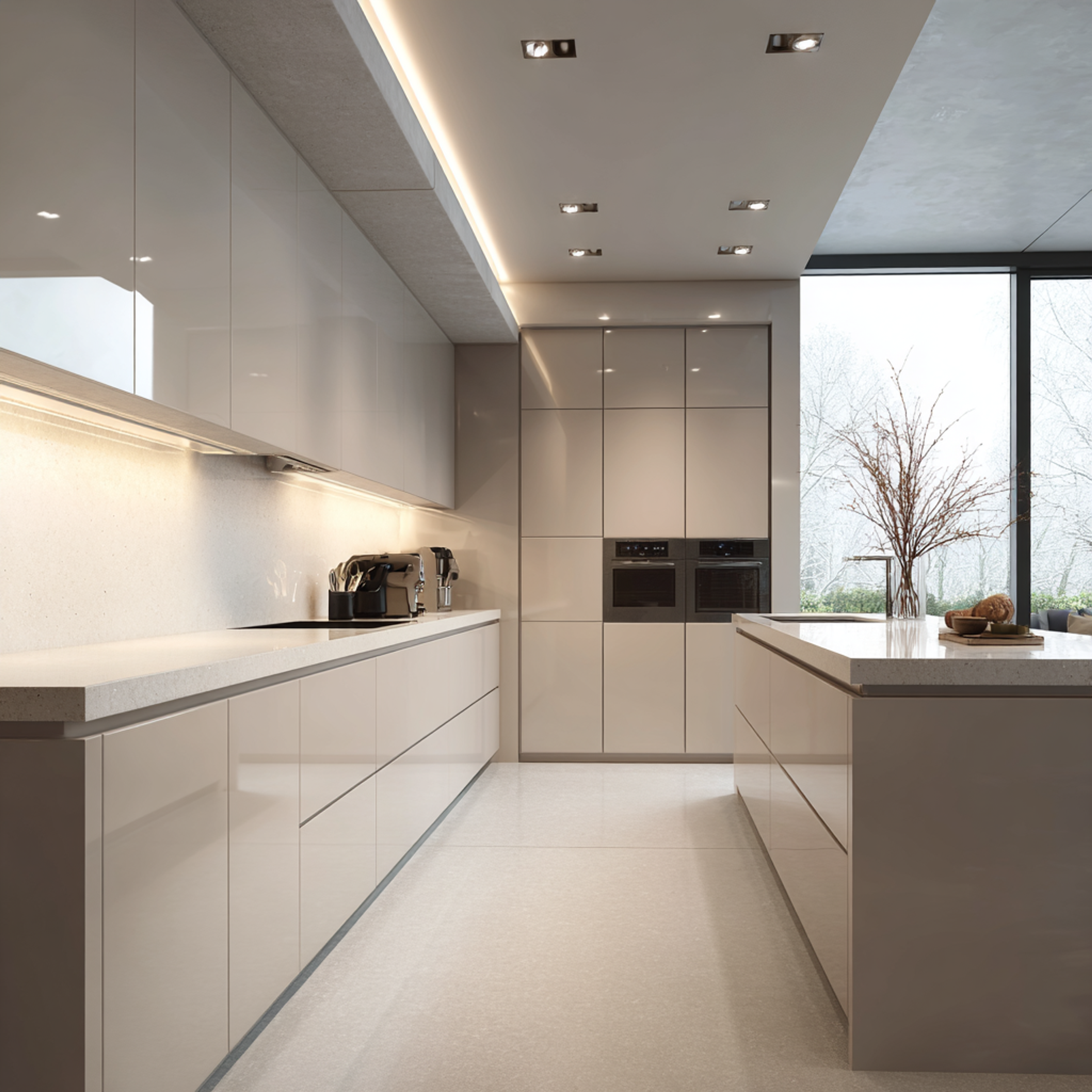 Modern Island Kitchen Design with Glossy Light Beige Cabinets and Quartz Top