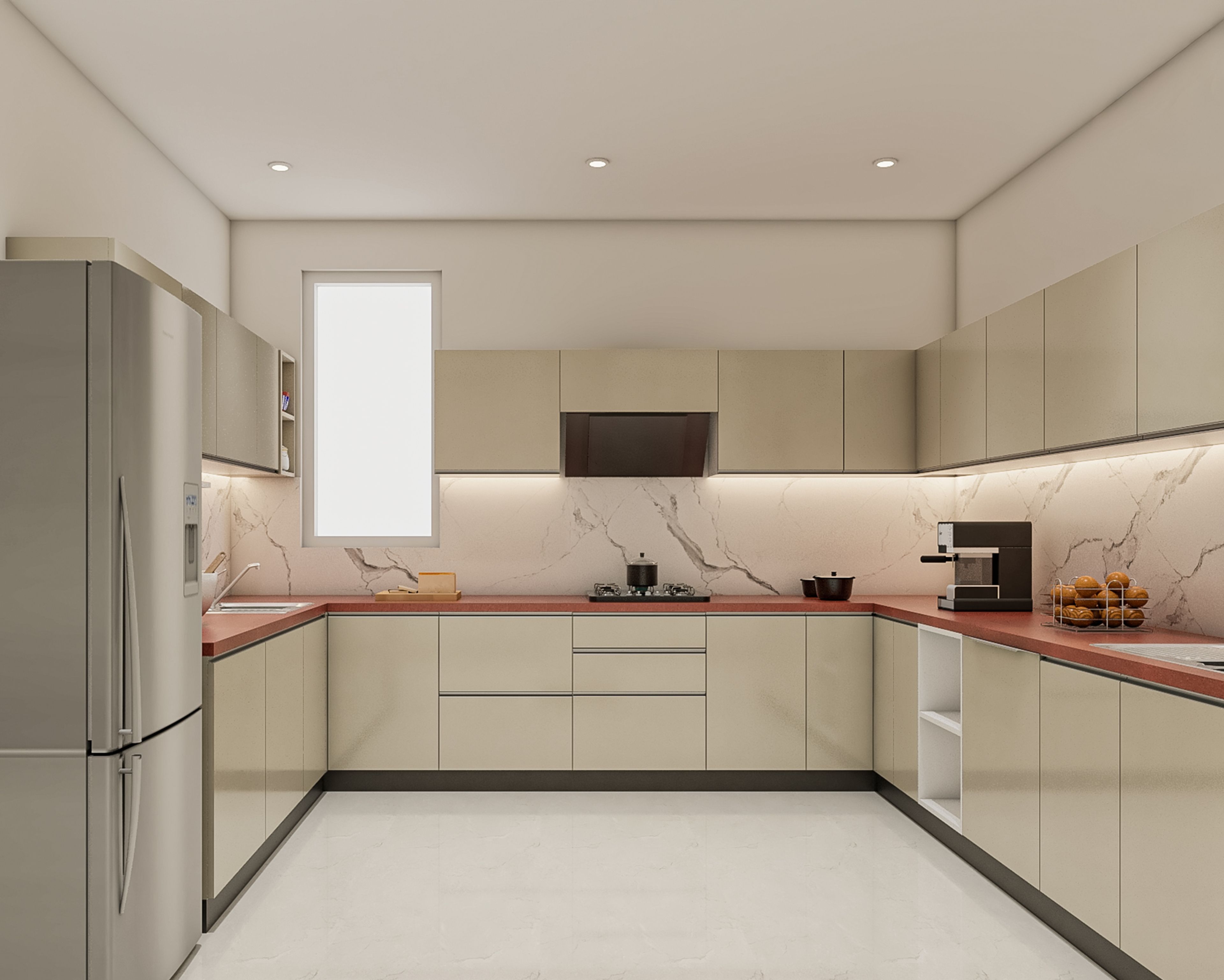 Grey Glossy Modern U-Shaped Kitchen Design with Granite Countertop