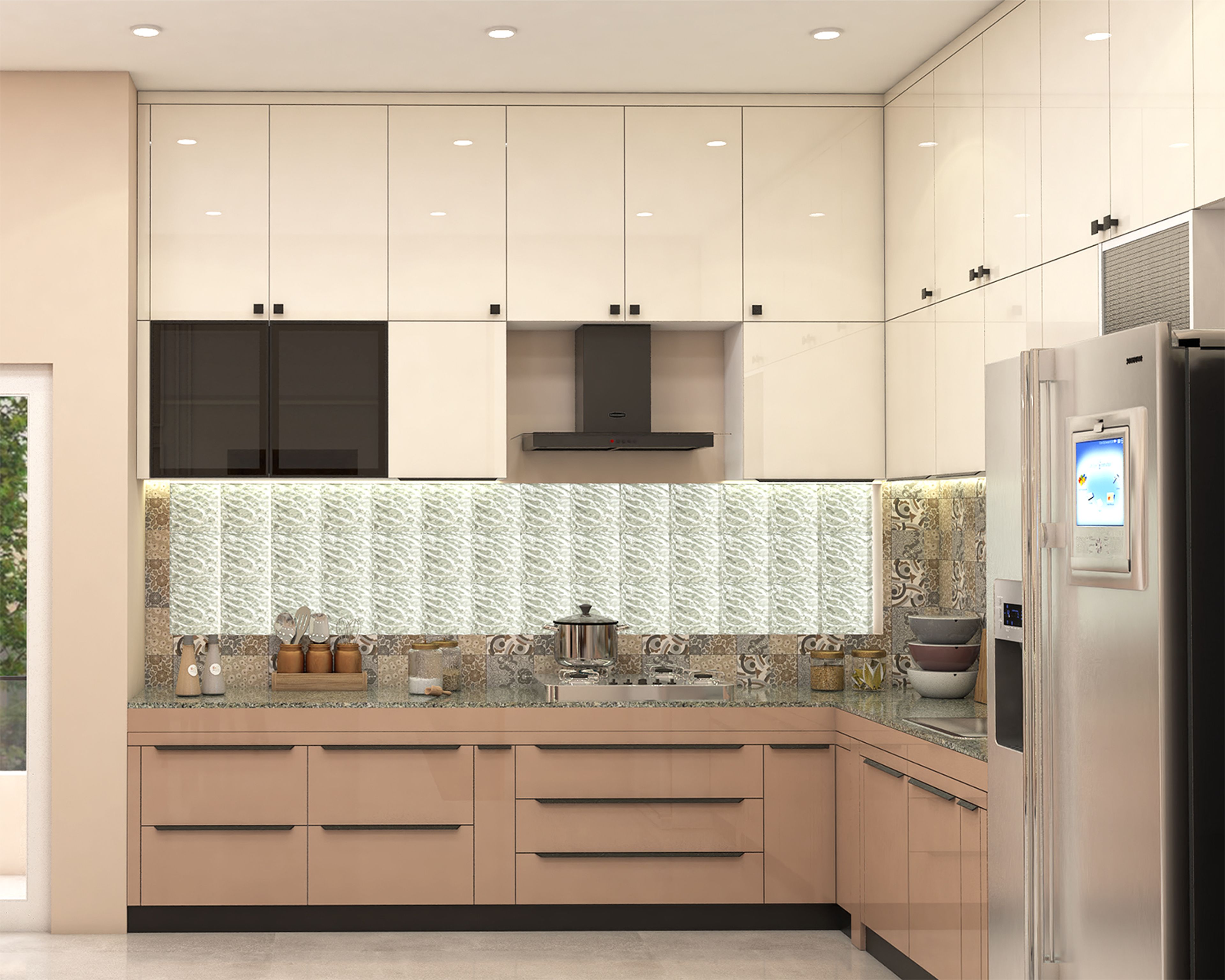 Contemporary L-Shaped Kitchen Design with High Gloss Beige and White Cabinets