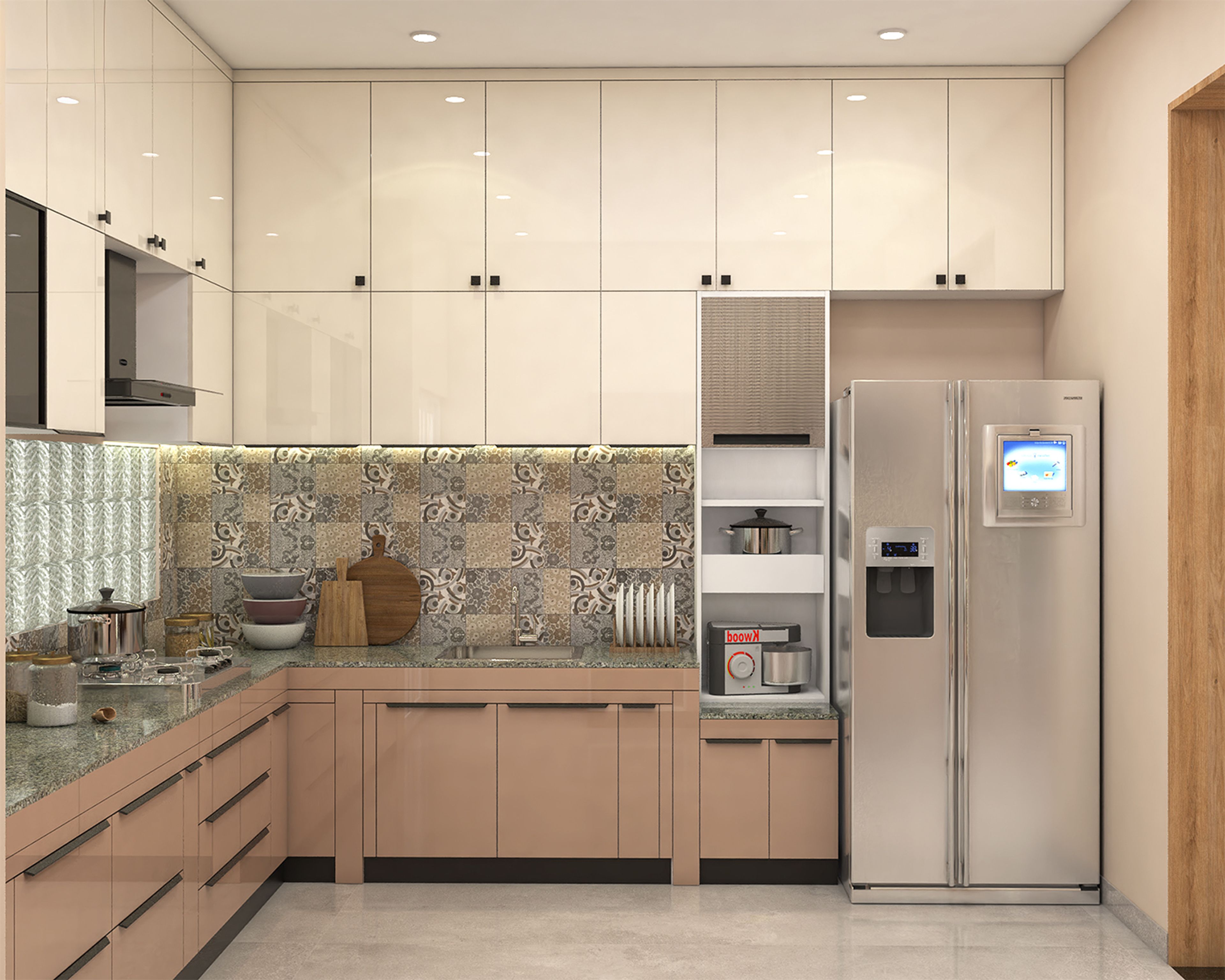 Contemporary L-Shaped Kitchen Design with High Gloss Beige and White Cabinets