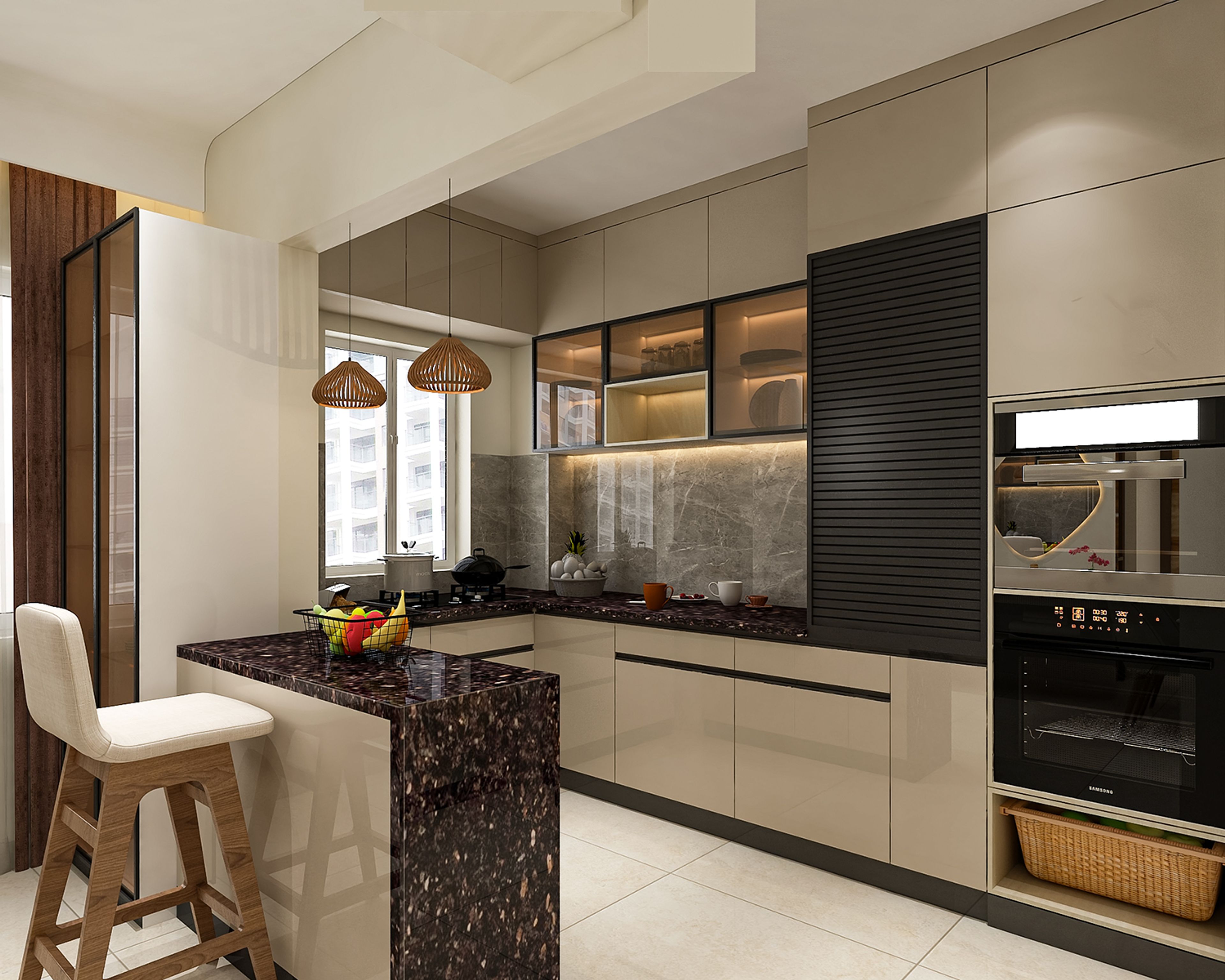 Contemporary L-Shaped Kitchen Design with Grey High Gloss Finish Cabinets