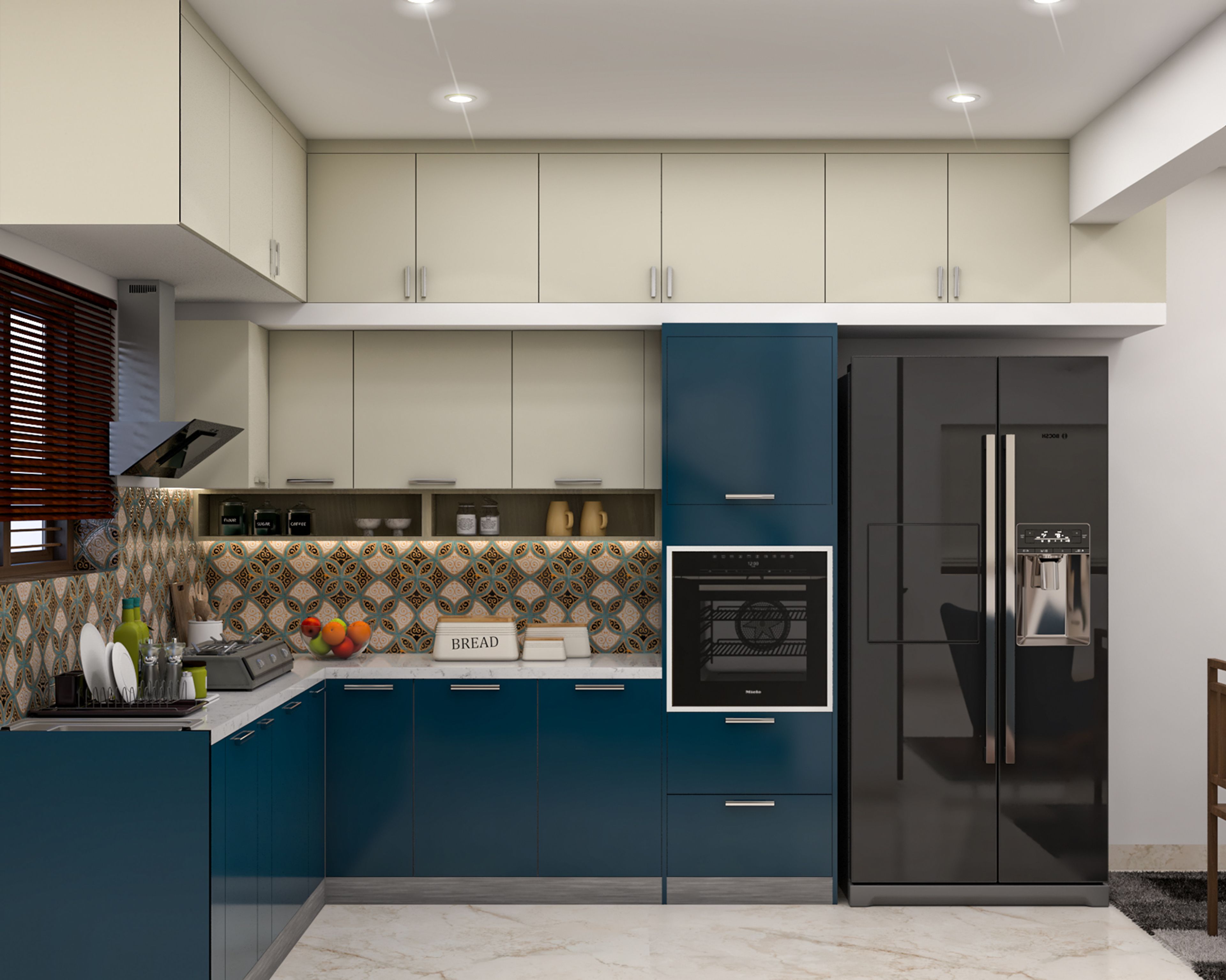 Blue and White Contemporary L-Shape Kitchen Design with Marble Countertop