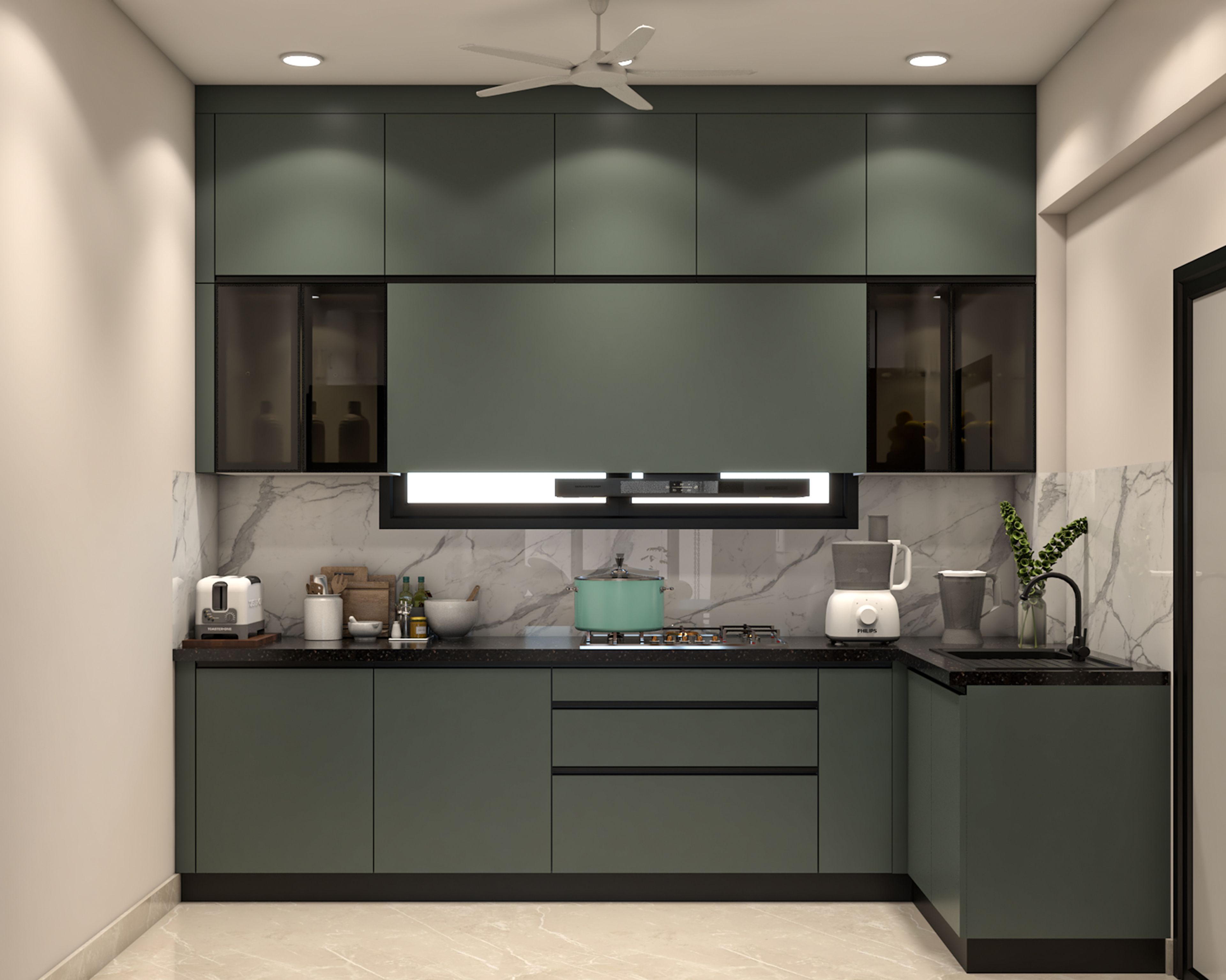 Modern L-Shaped Kitchen Design with Suede Laminate Cabinets and Granite Top