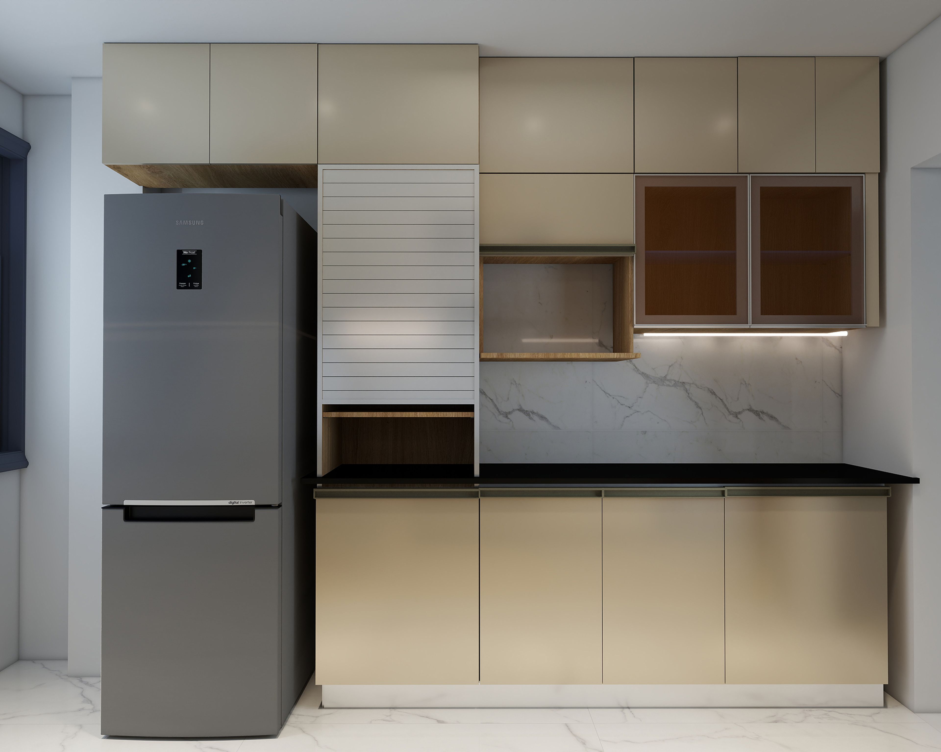 Modern Parallel Kitchen Design with Suede Laminate Finish Cream Cabinets