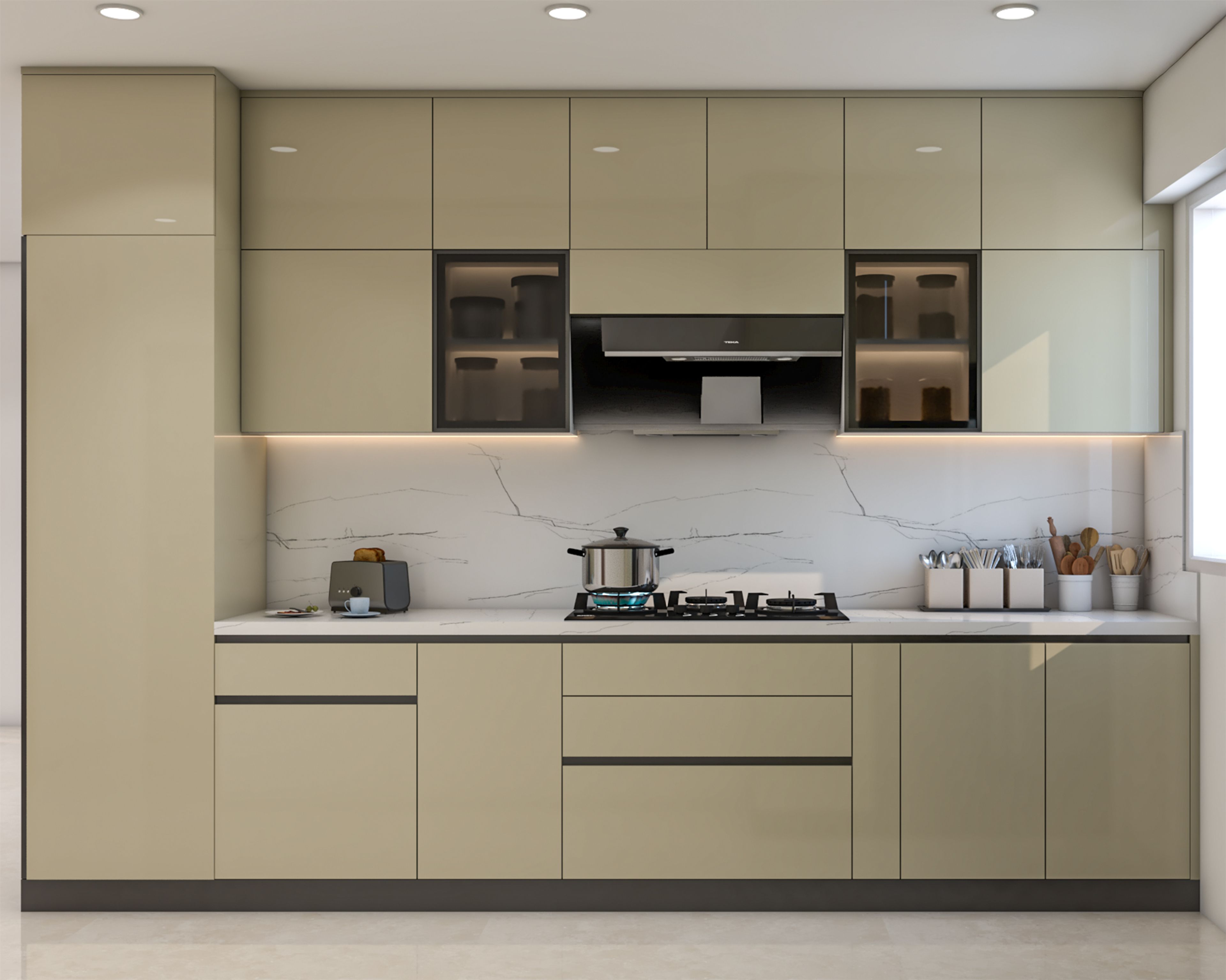 Modern Grey High Gloss Cabinets Open Kitchen Design with Marble Top