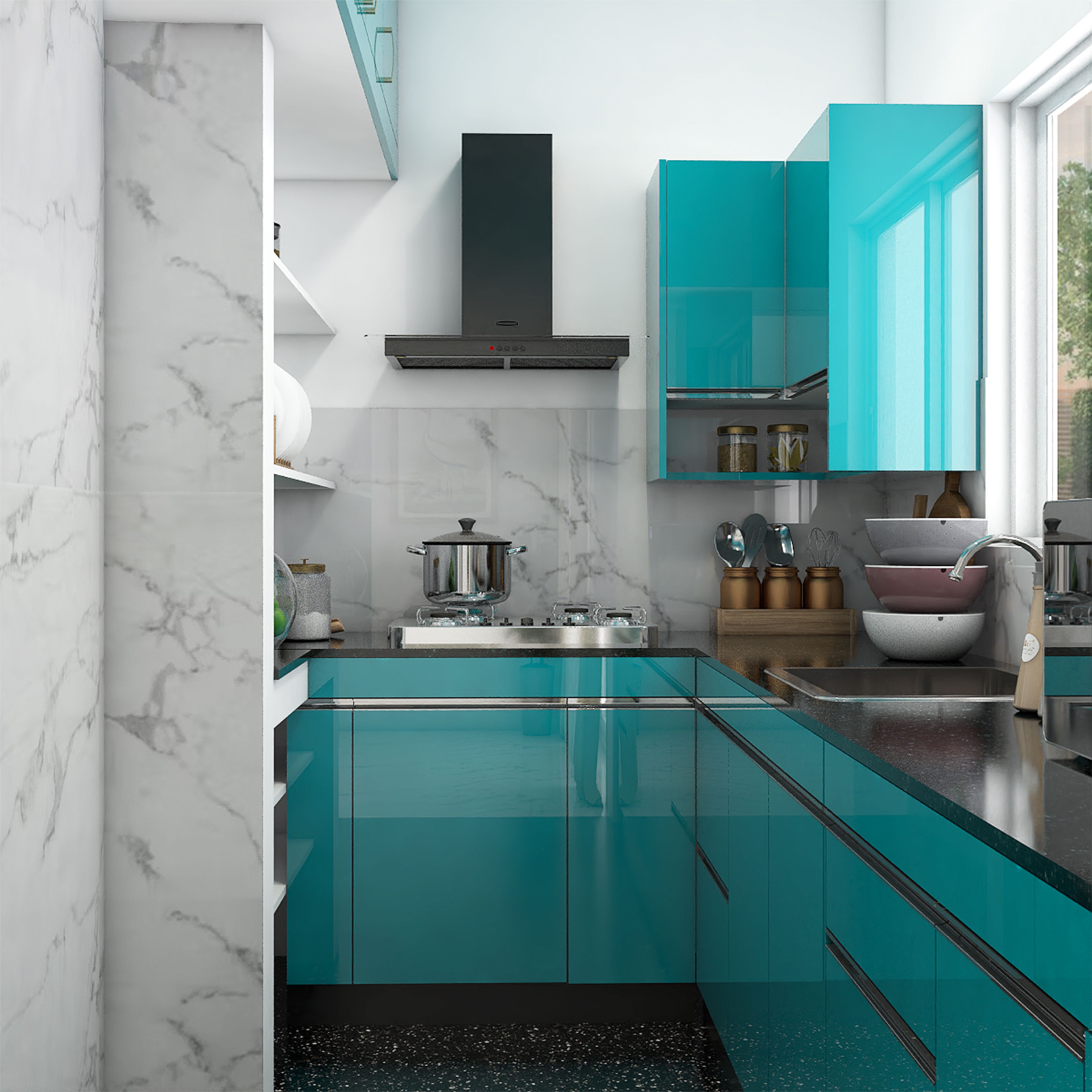 Modern L-Shaped Kitchen Design with High Gloss Cabinets and Granite Countertop