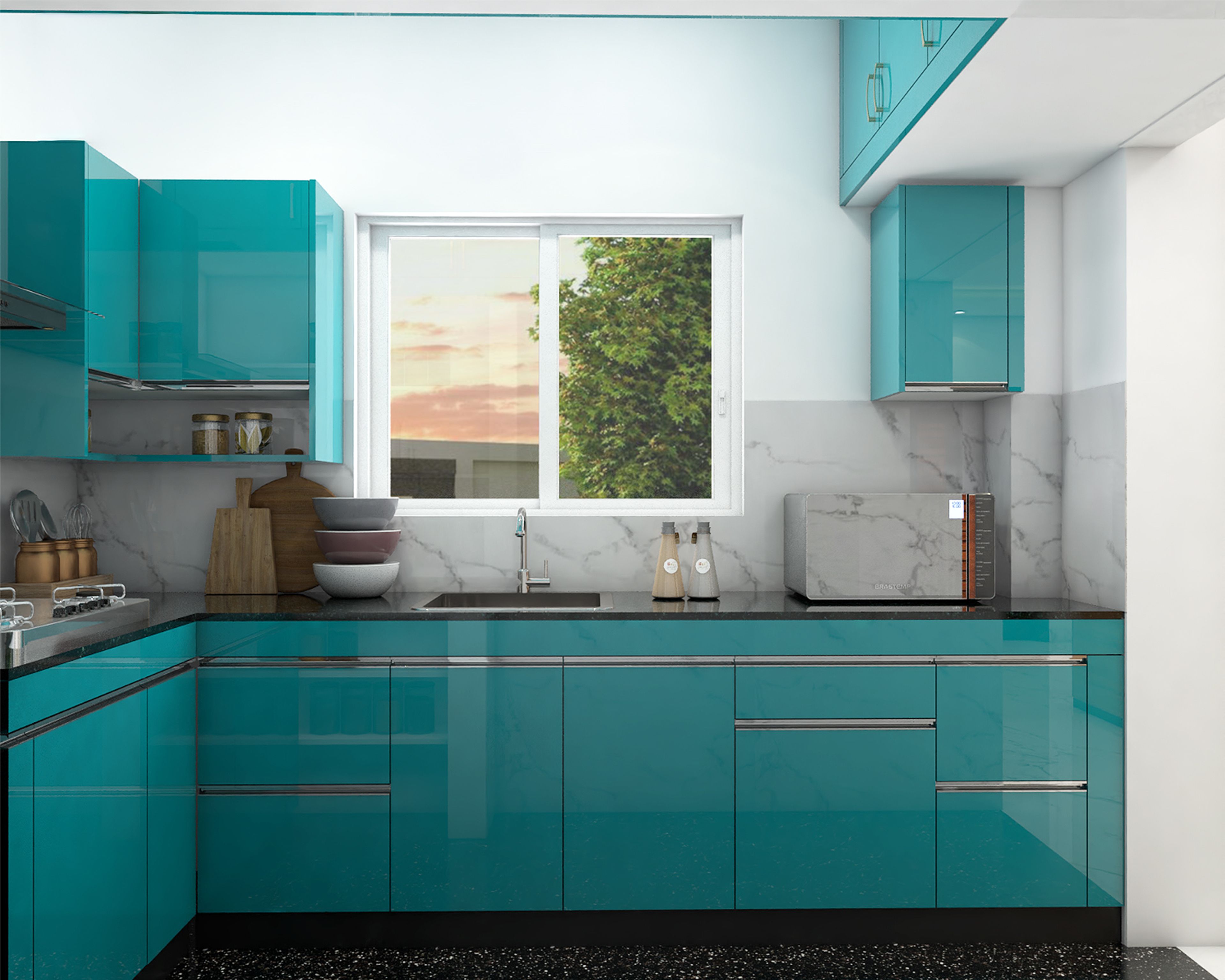 Modern L-Shaped Kitchen Design with High Gloss Cabinets and Granite Countertop