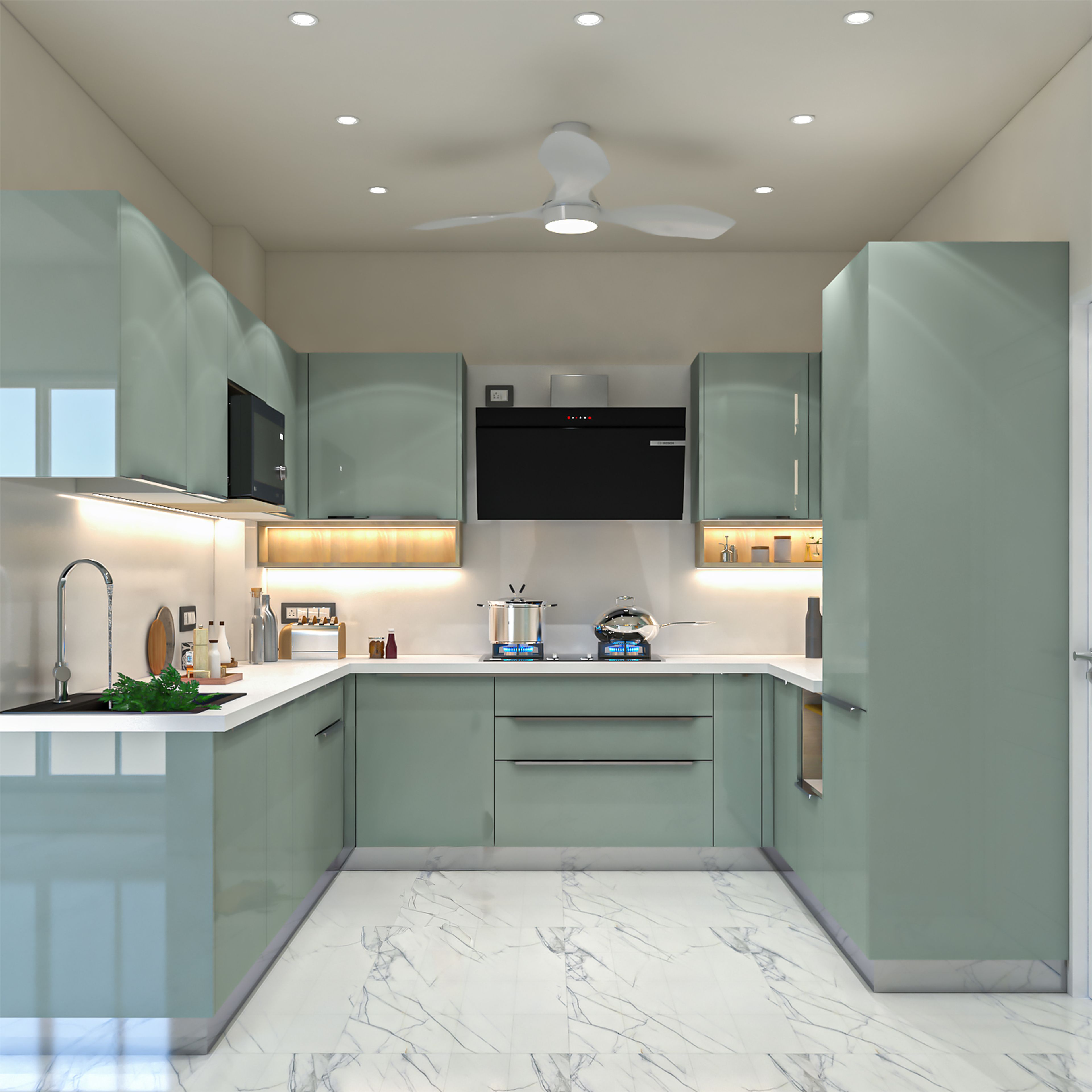 Contemporary Silver U-Shaped Kitchen Design with Marble Countertop