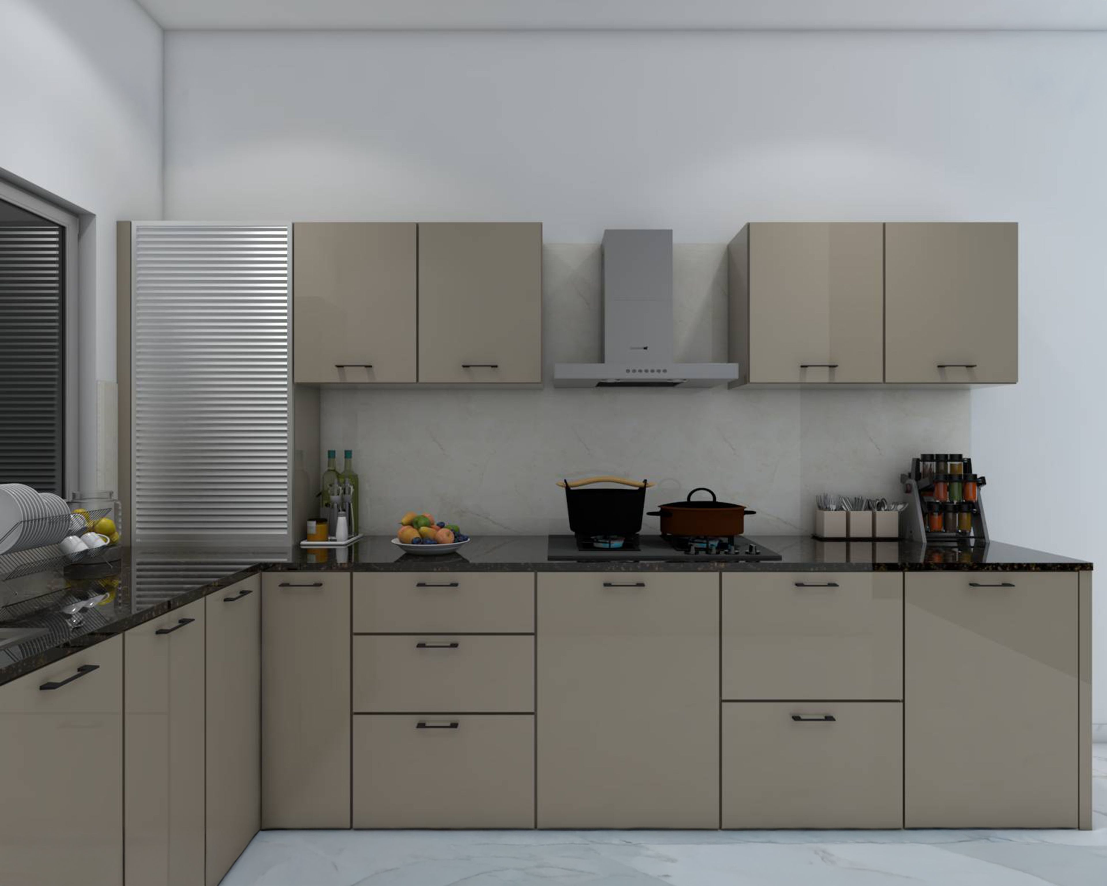 Modern L-Shaped Kitchen Design in Glossy Grey with Granite Countertop