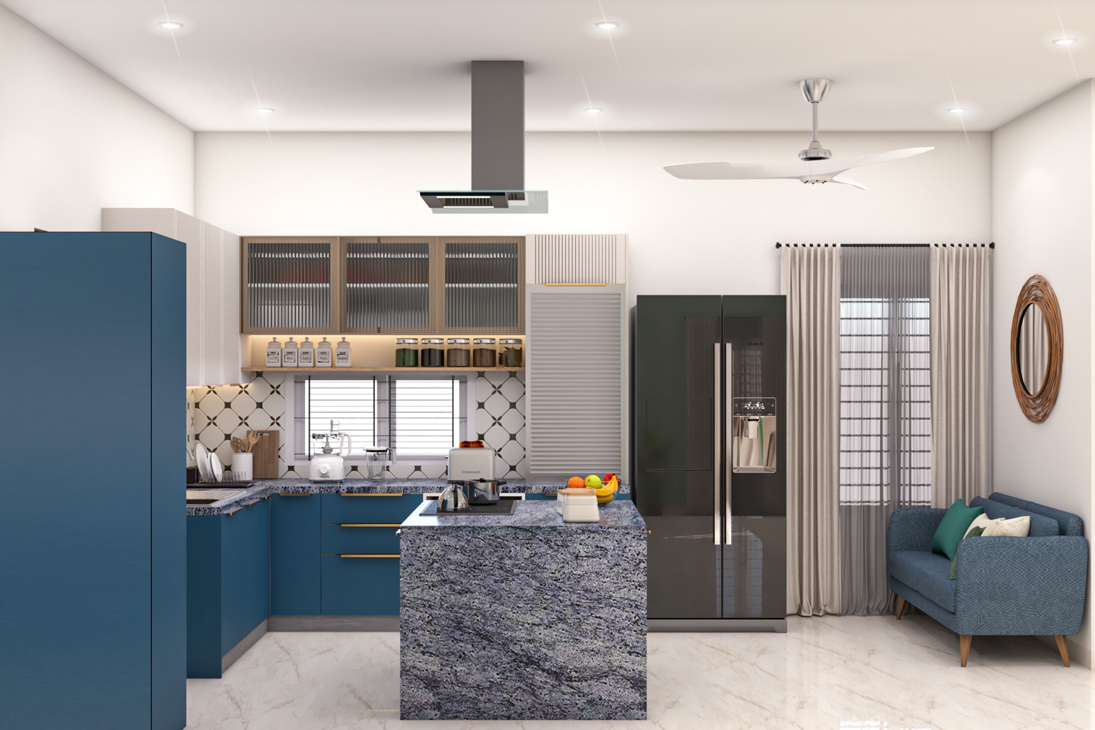 Contemporary Blue and White Island Kitchen Design with Granite Countertop