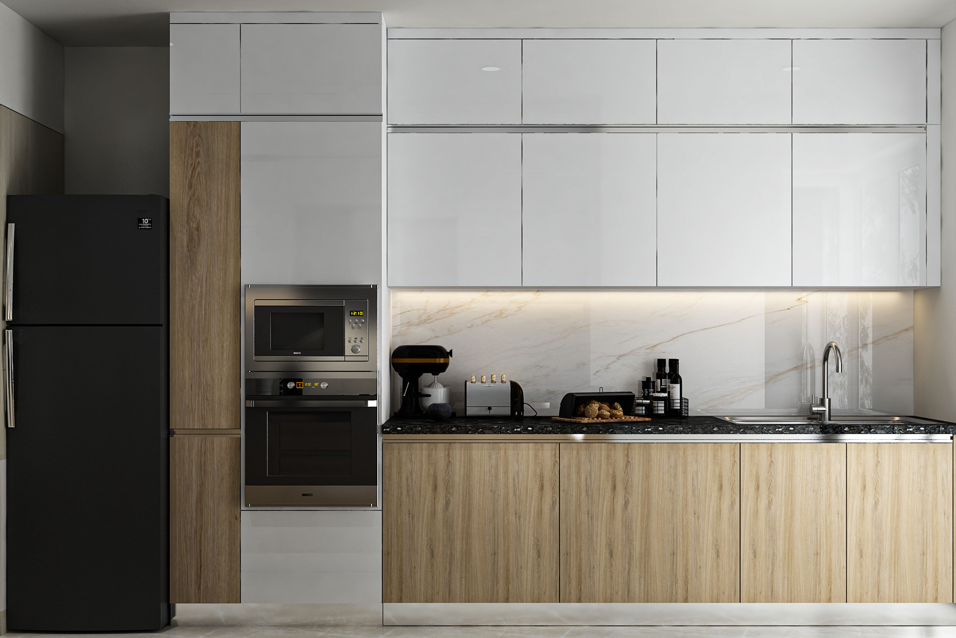 Modern Acacia and White Parallel Kitchen Design with Granite Countertop