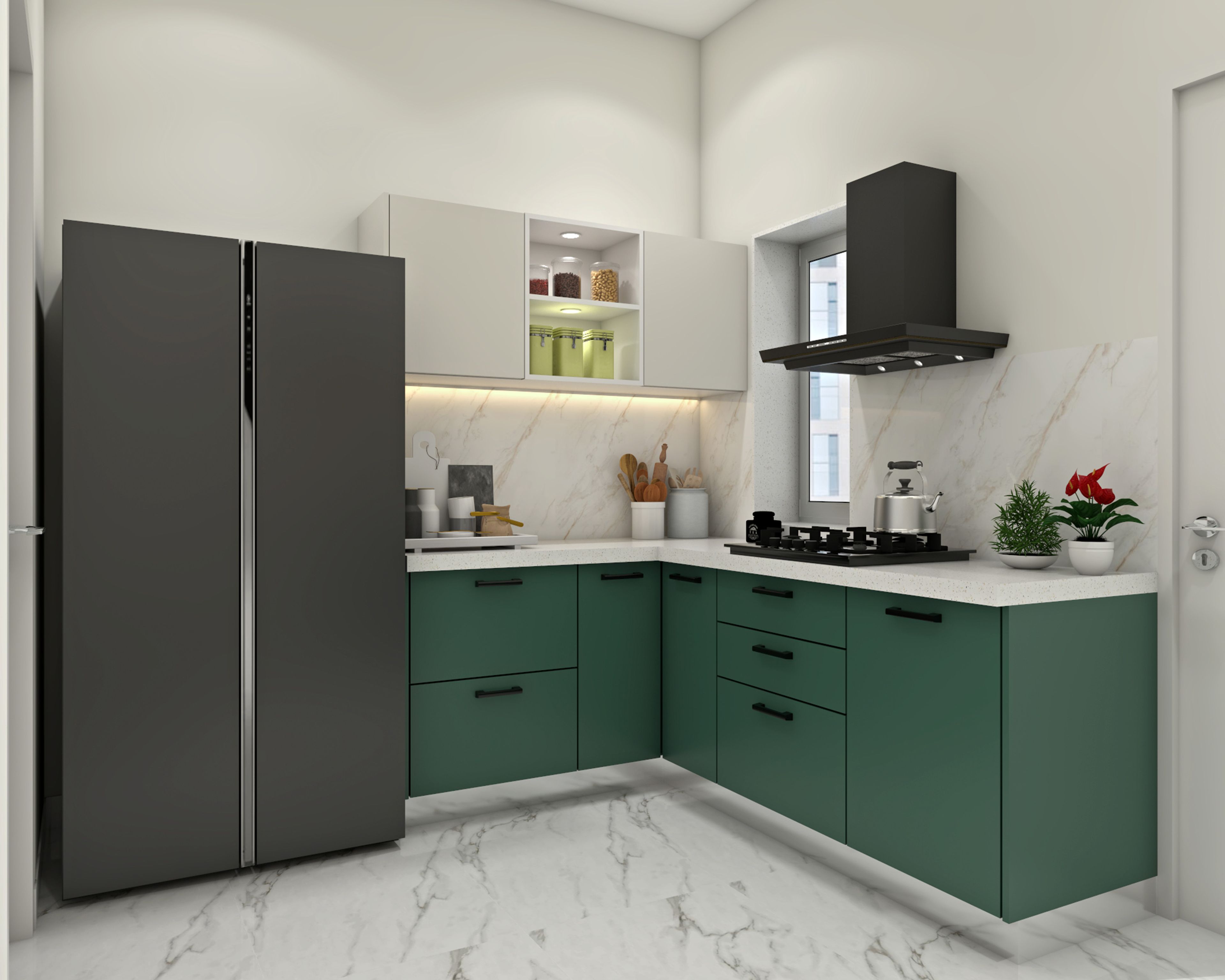 Contemporary Caribe and White L-Shaped Kitchen Design with Quartz Countertop