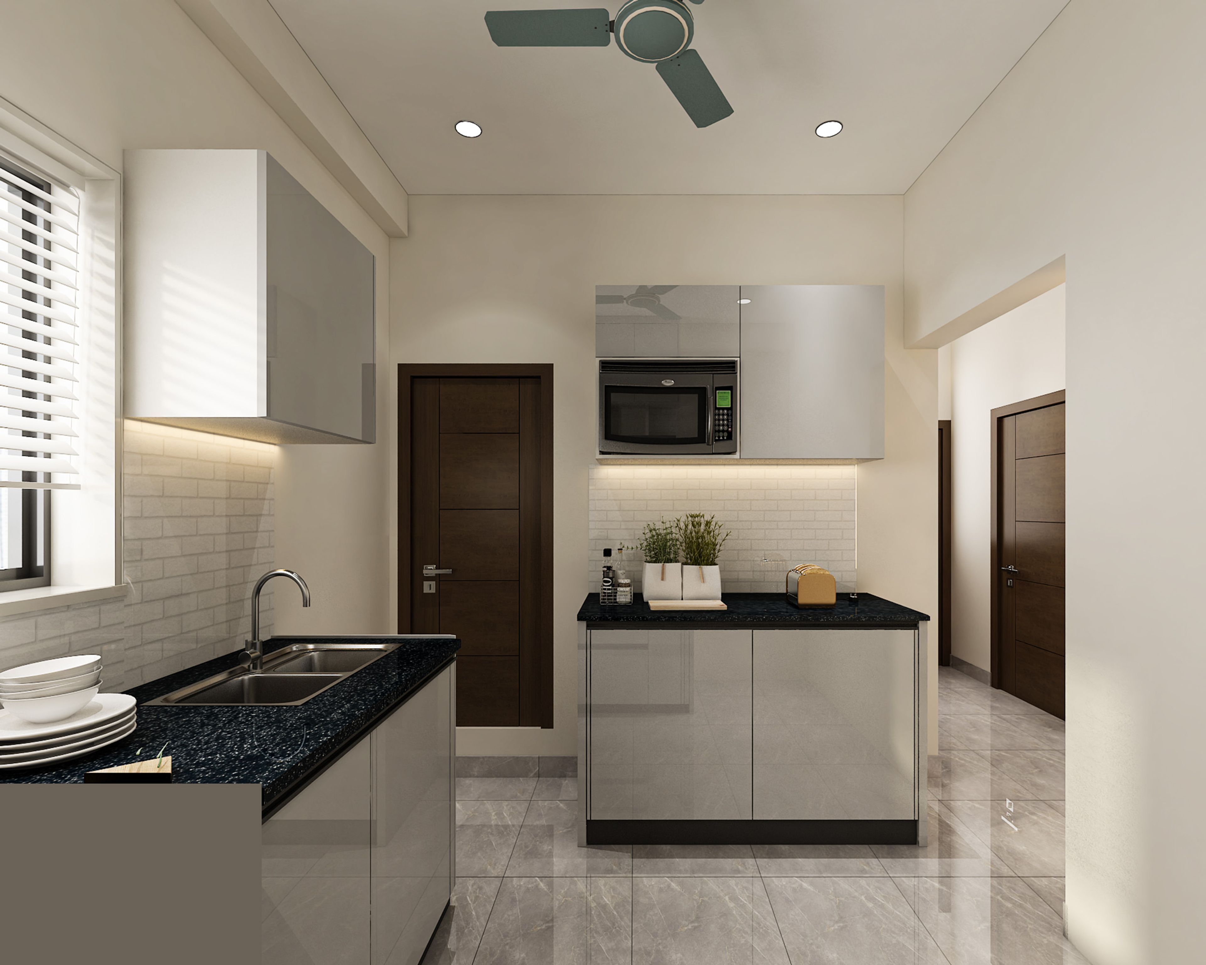 Metallic Silver Modern L-Shaped Kitchen Design with Glossy Cabinets Storage