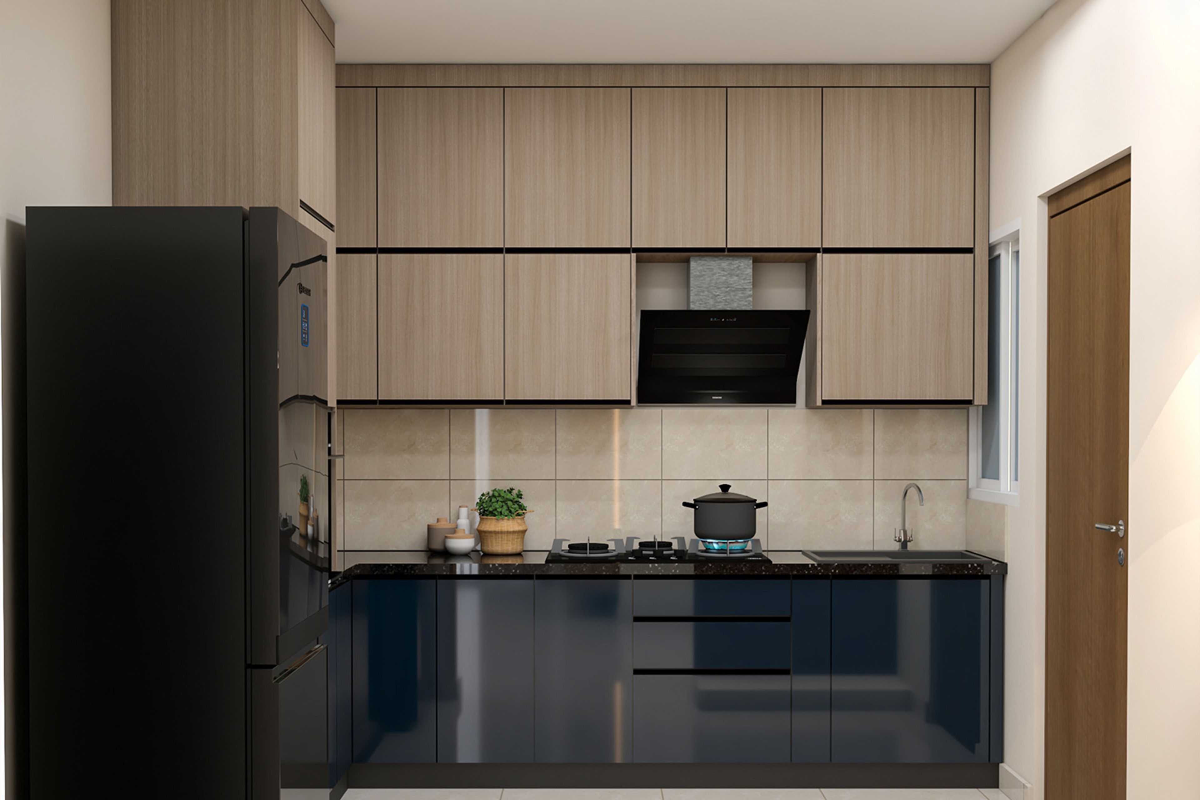 Modern Trooper and Walnut L-Shaped Kitchen Design with Granite Countertop