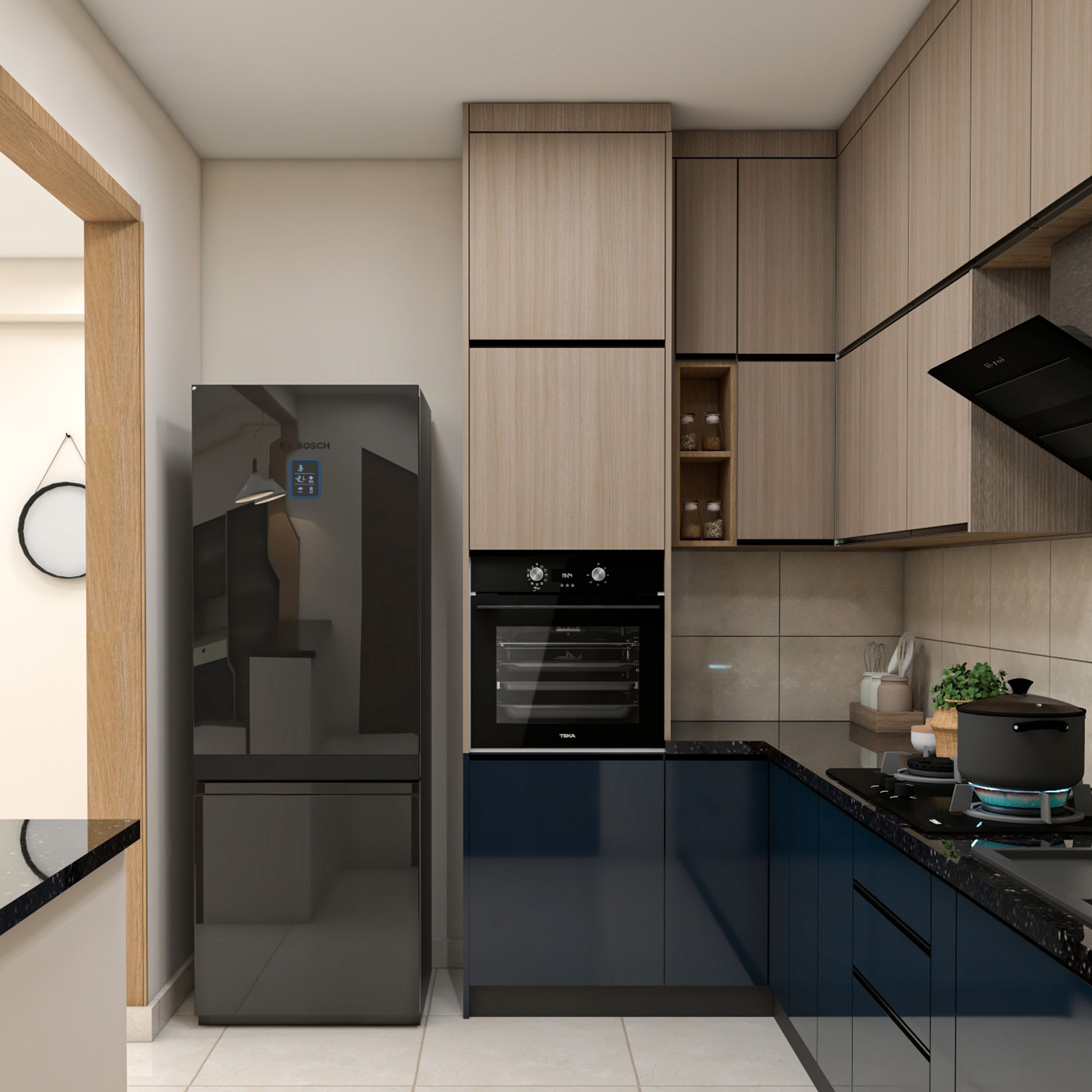 Modern Trooper and Walnut L-Shaped Kitchen Design with Granite Countertop