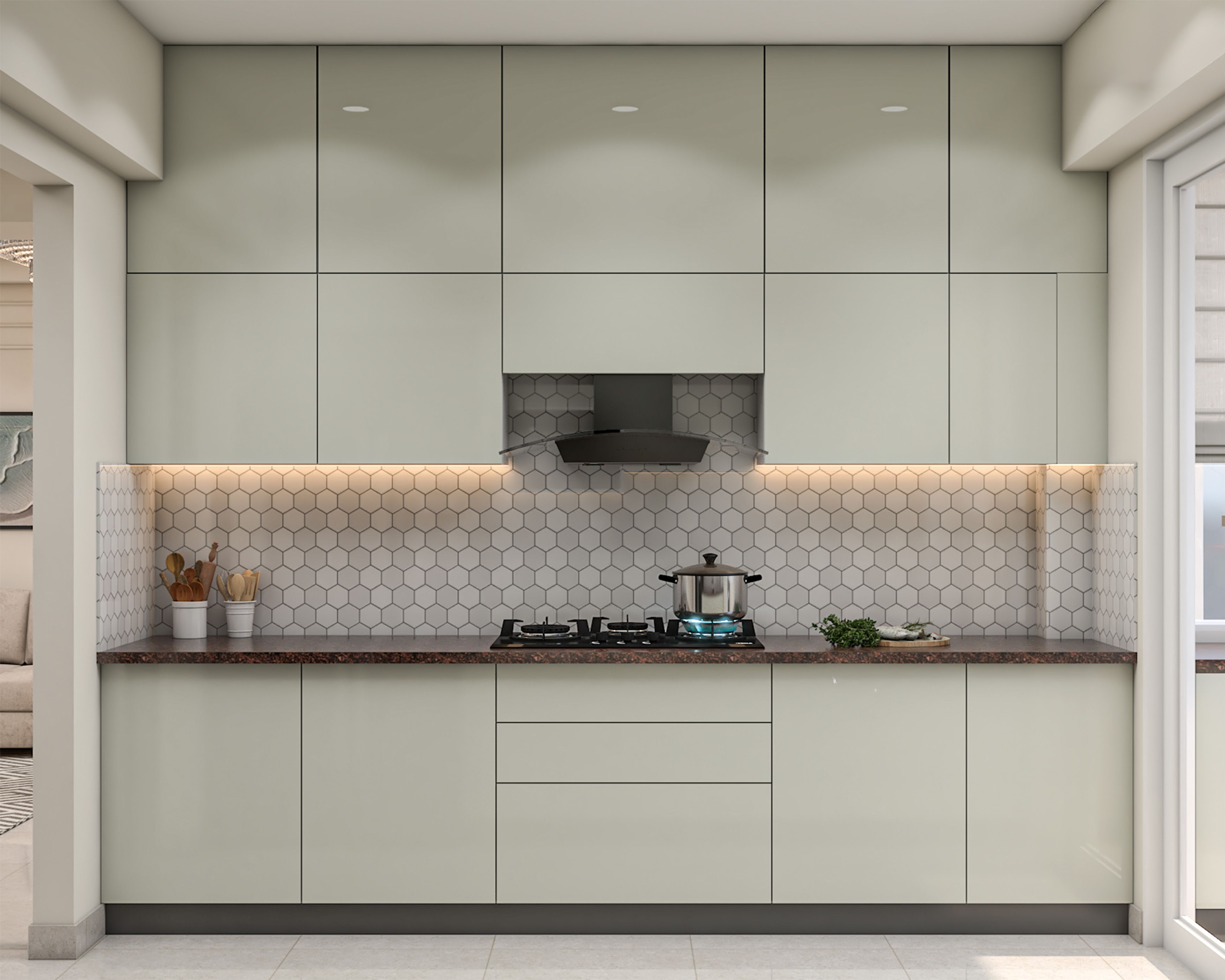 Sage Green Contemporary Parallel Kitchen Design with Drawers