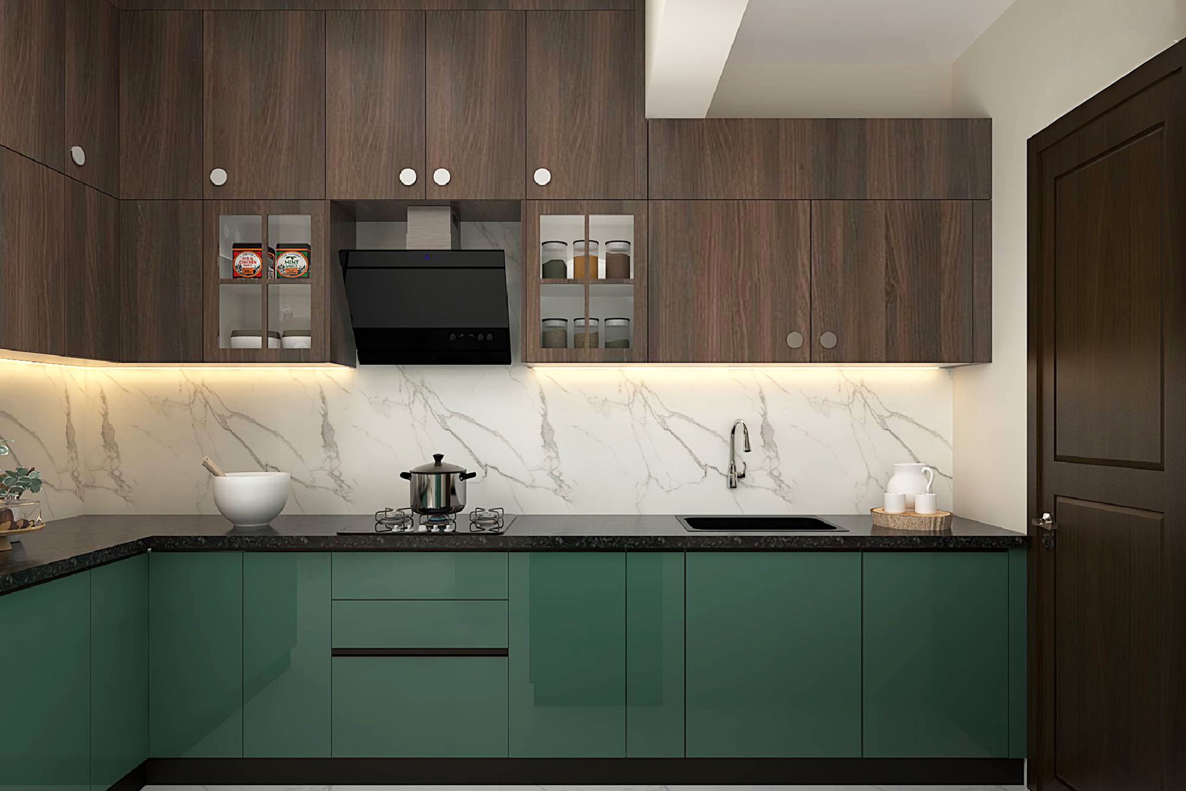 Contemporary Teal and Wood L-Shaped Kitchen Design with Marble Backsplash