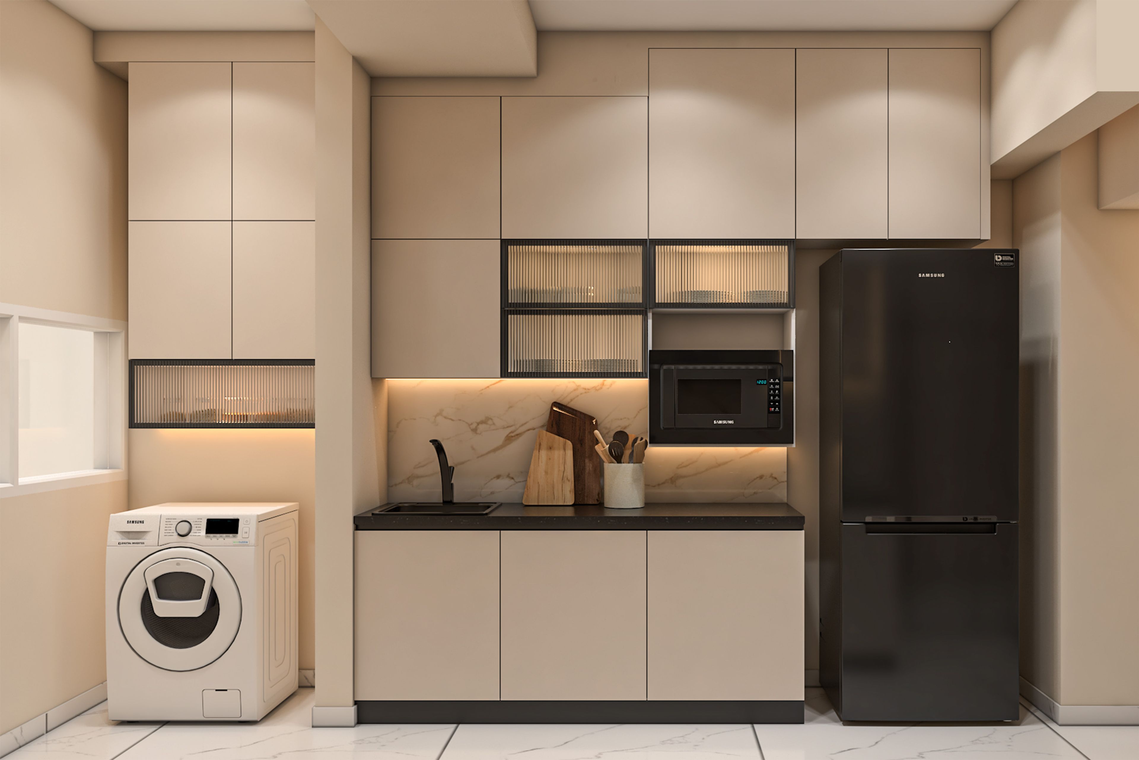 Irish Cream Modern Parallel Kitchen Design with Granite Countertop