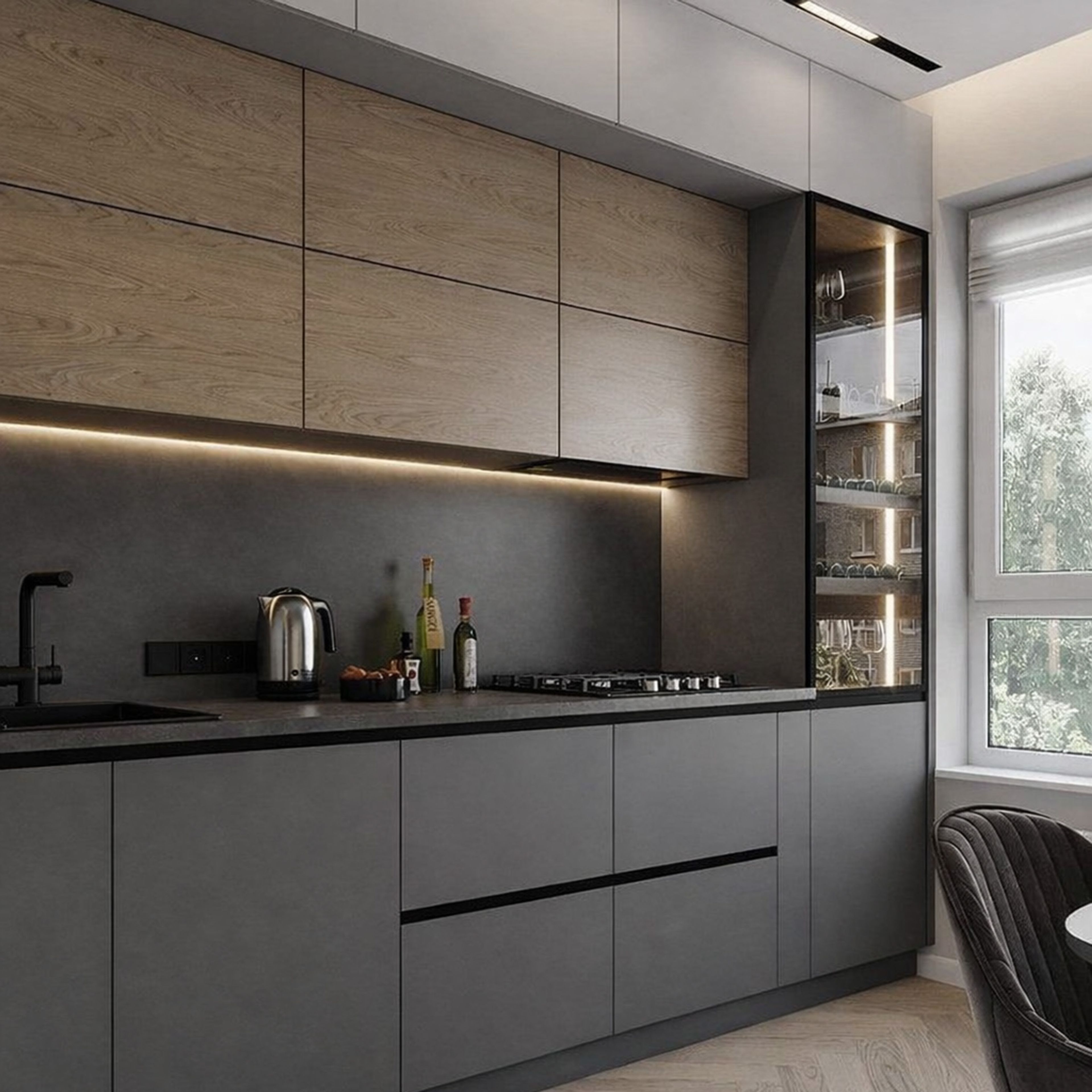 Minimal Grey and Wood Straight Kitchen Design with Quartz Countertop