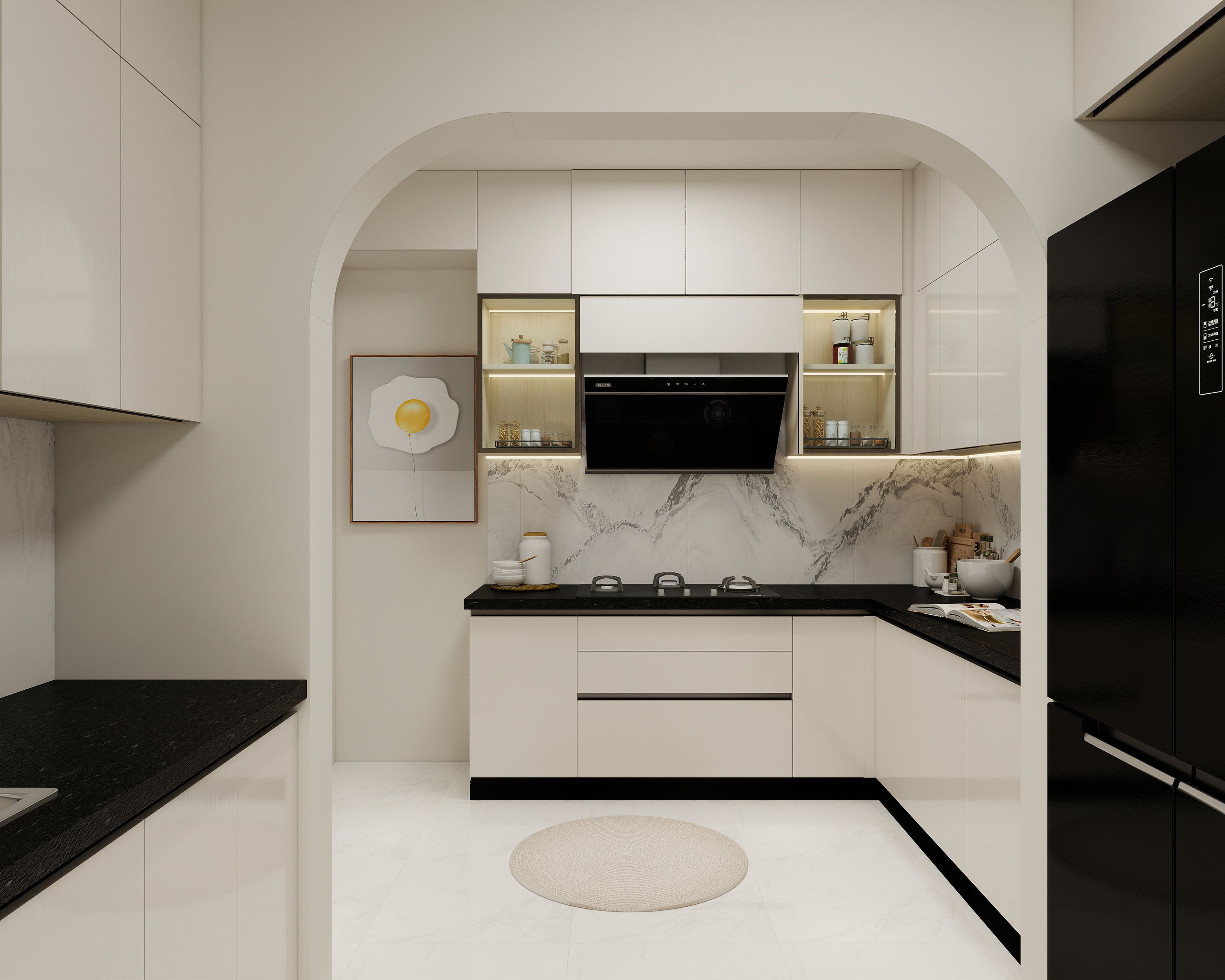 Modern L-Shaped Kitchen Design with White Glossy Cabinets and Granite Countertop