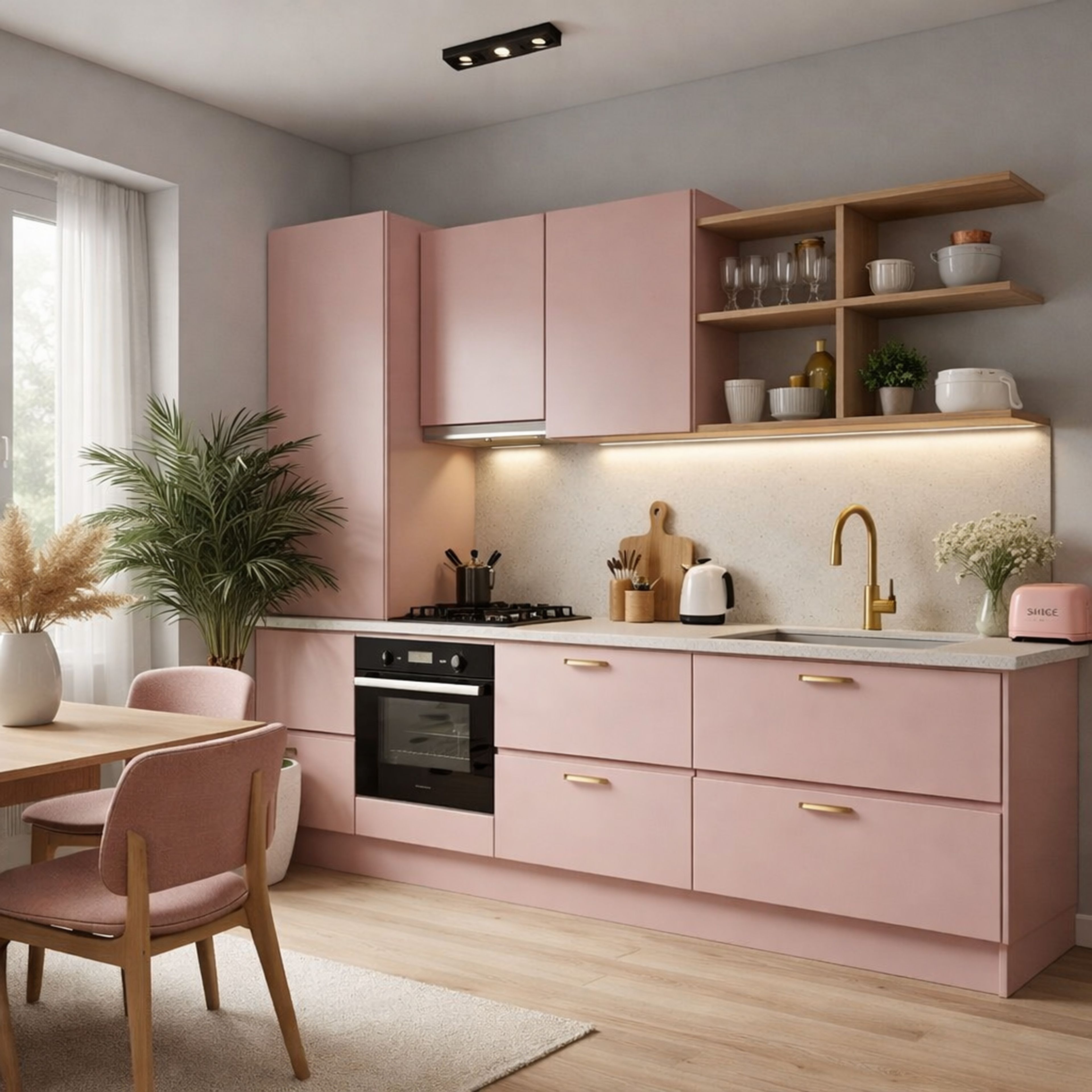 Rose Granium Contemporary Straight Kitchen Design with Quartz Countertop