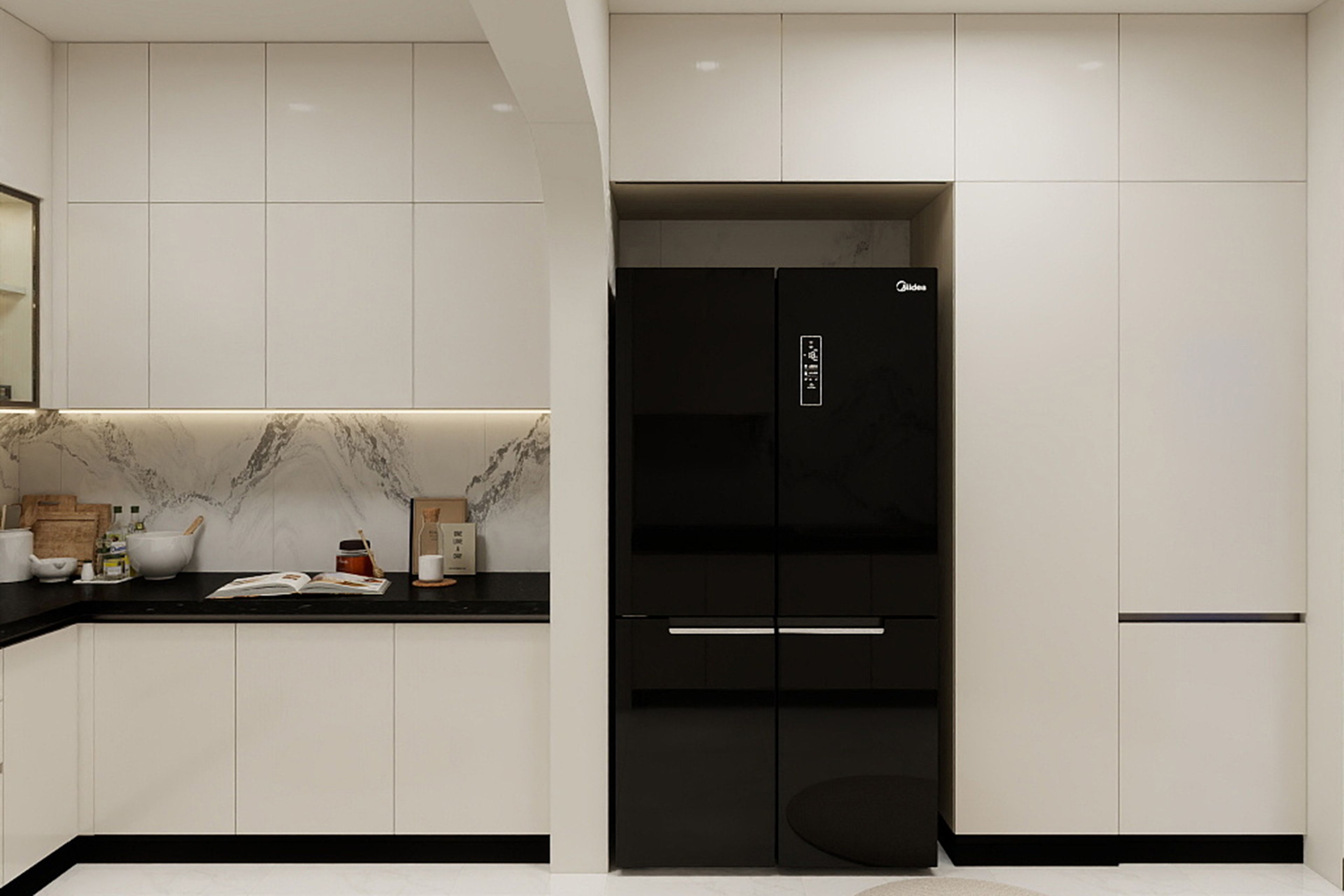 Modern L-Shaped Kitchen Design with White Glossy Cabinets and Granite Countertop