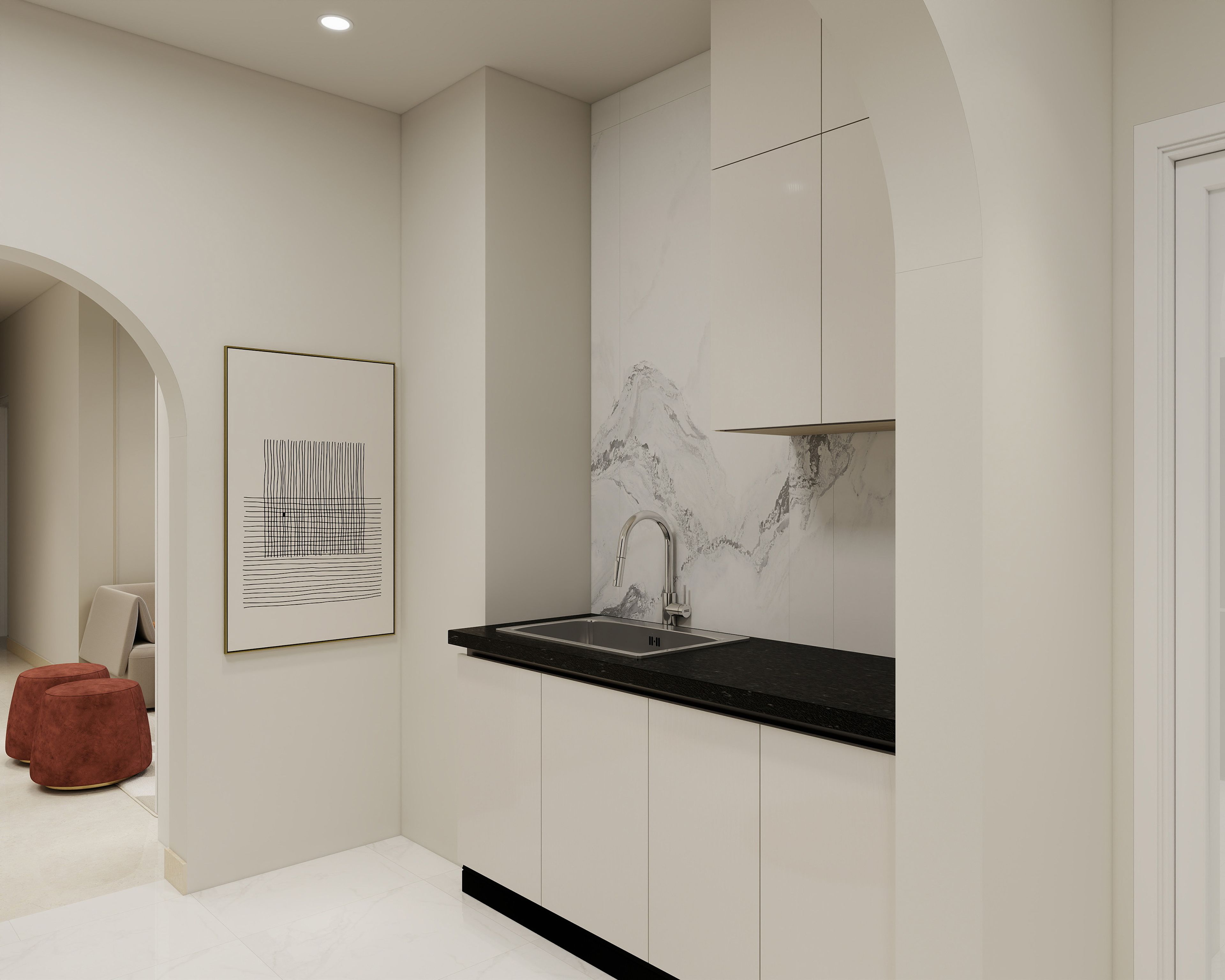 Modern L-Shaped Kitchen Design with White Glossy Cabinets and Granite Countertop