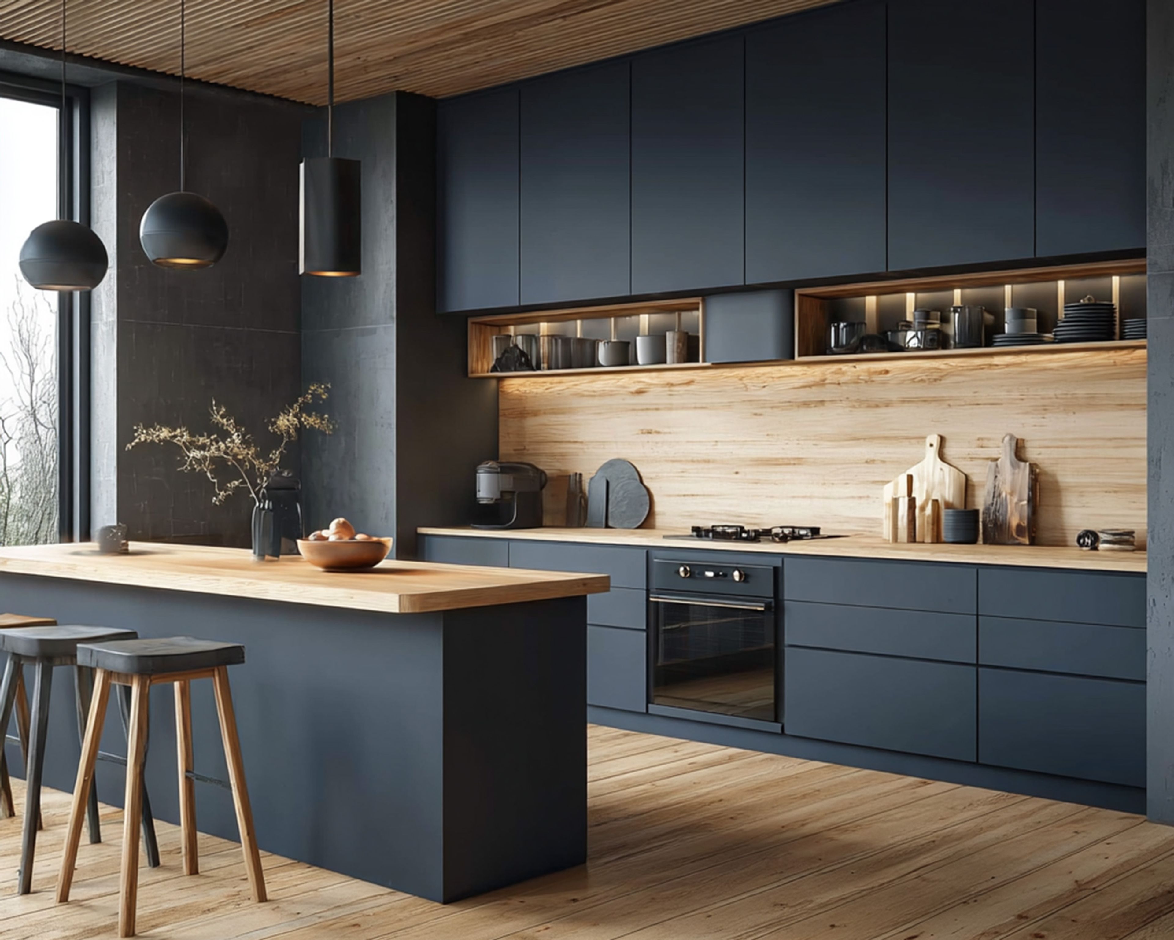 Navy Blue Contemporary Island Kitchen Design with Wood Countertop