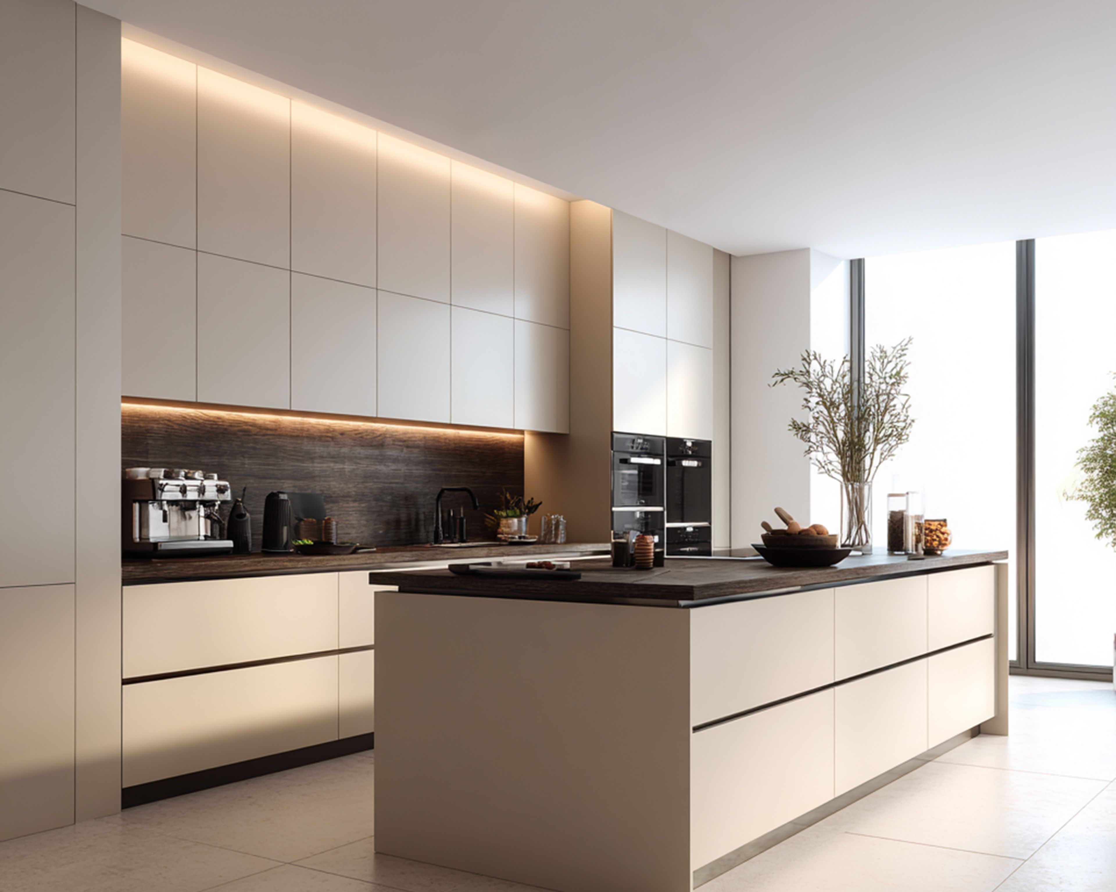 Cream Modern Island Kitchen Design with Wood Countertops and Coffee Station