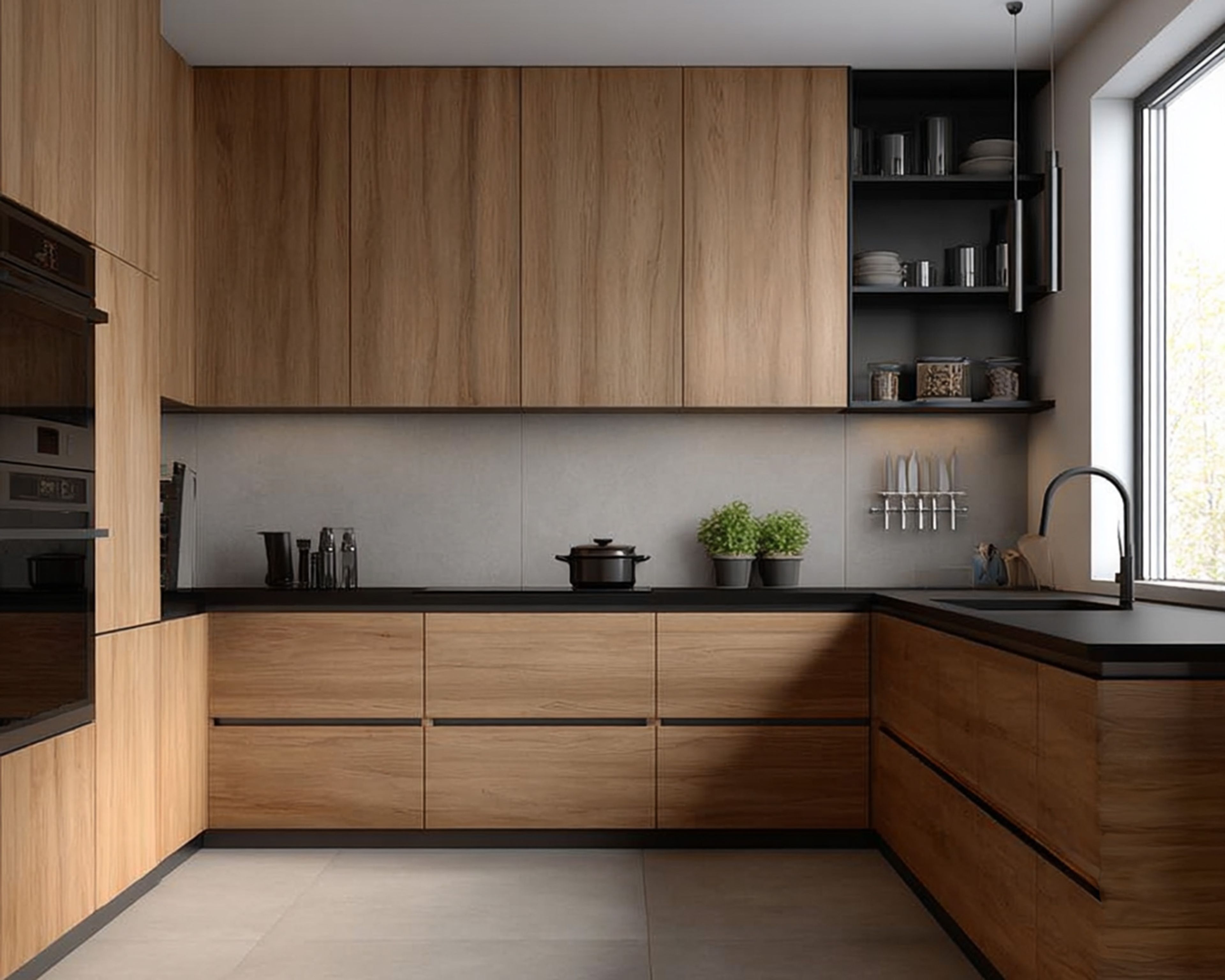 Wood Finish Modern U-Shaped Kitchen Design with Handleless Cabinets