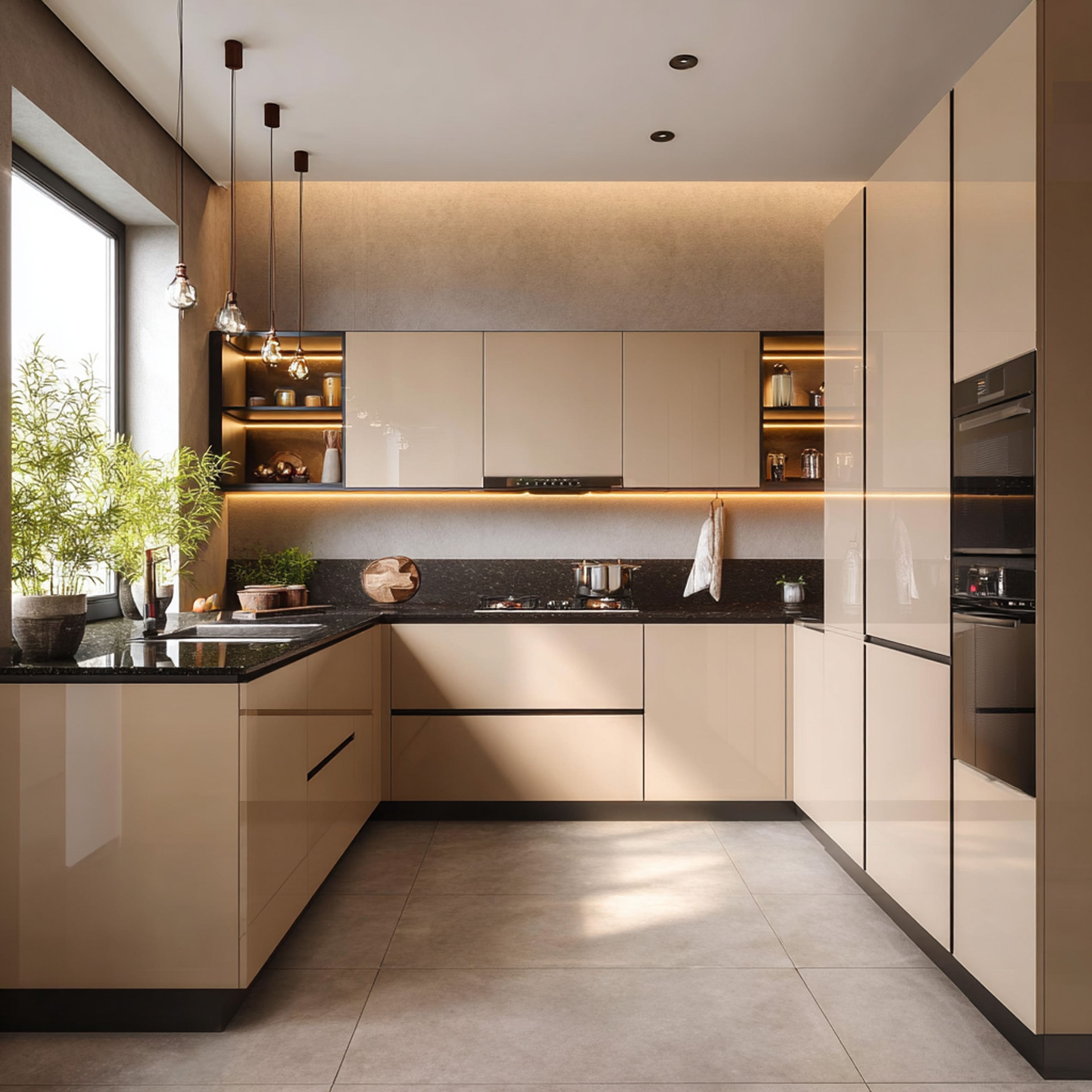 Ivory Modern U-Shaped Kitchen Design with Granite Countertops