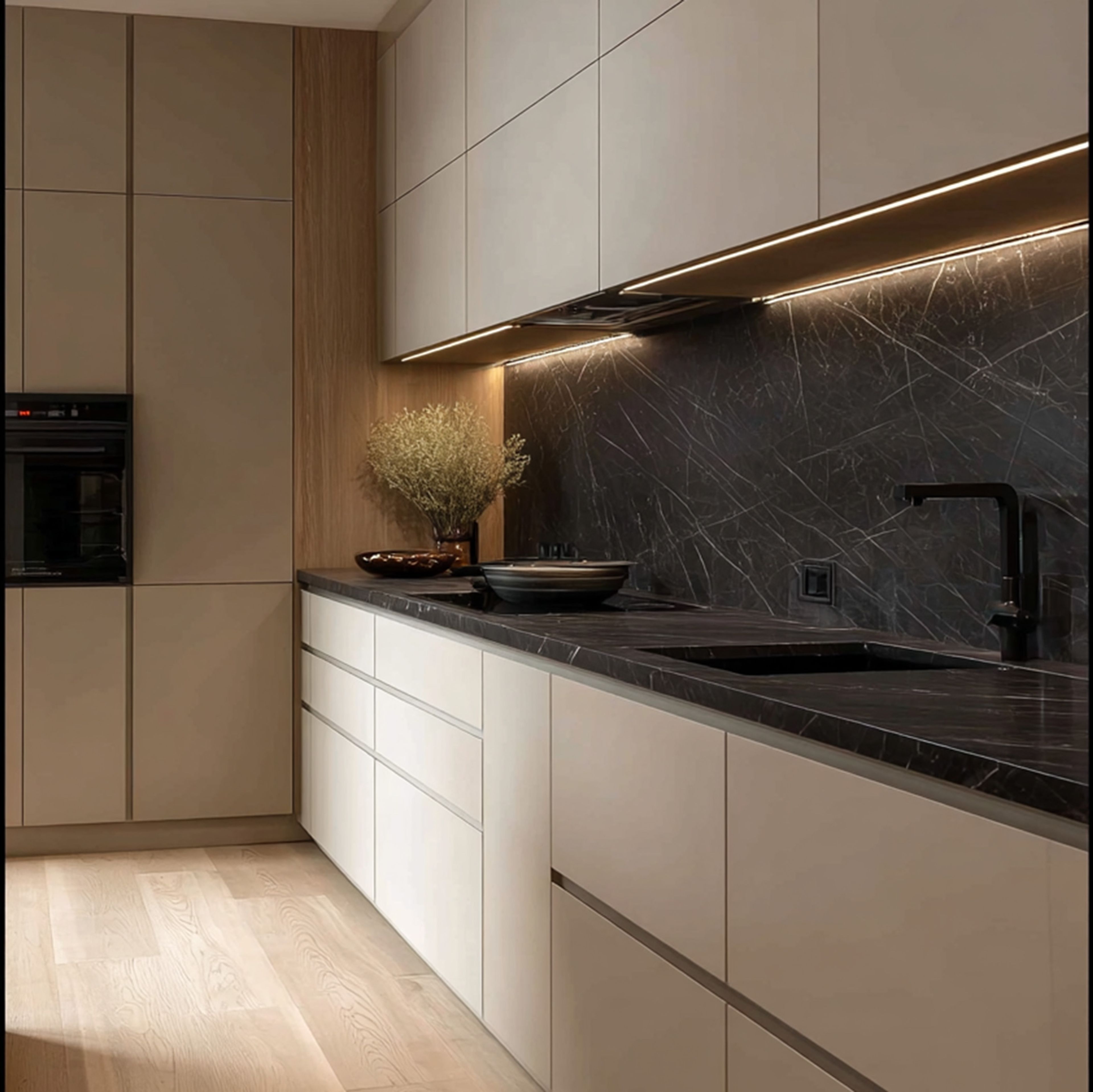 Modern L-Shaped Kitchen Design with Matte Grey Cabinets Storage