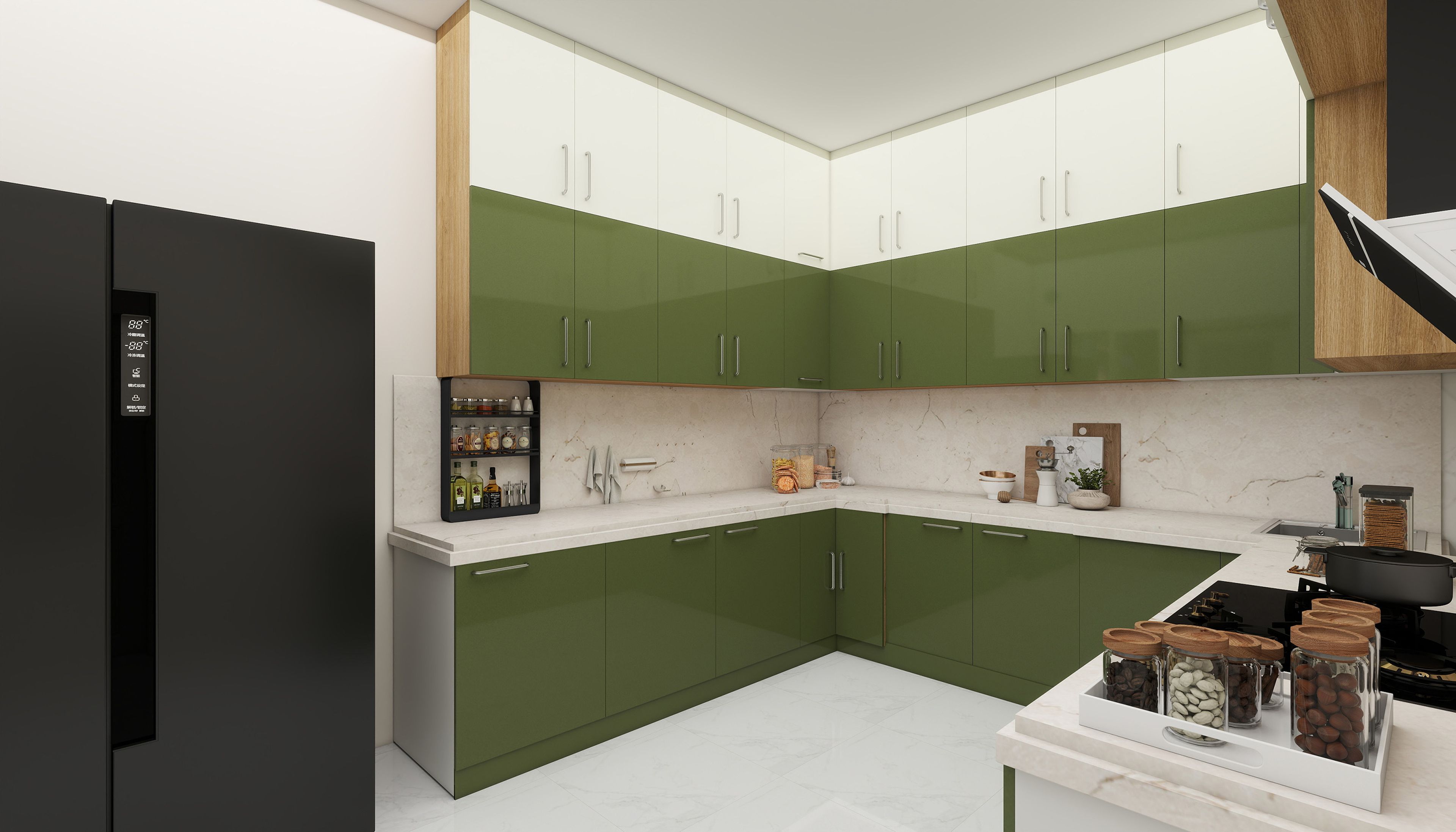 Contemporary Green and White U-Shaped Kitchen Design with Quartz Countertop